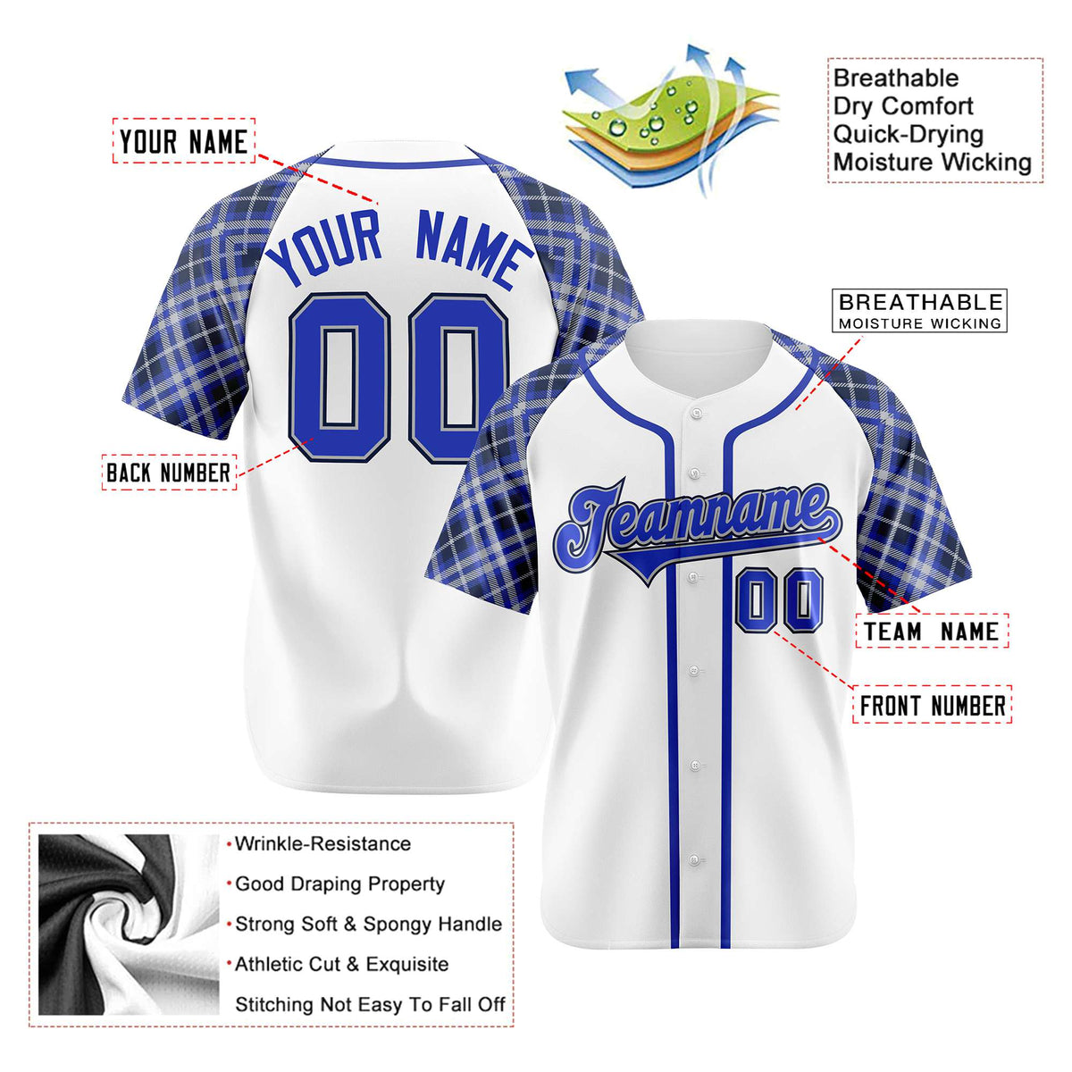 Custom White Purple-Black Authentic Plaid sleeve Baseball Jersey
