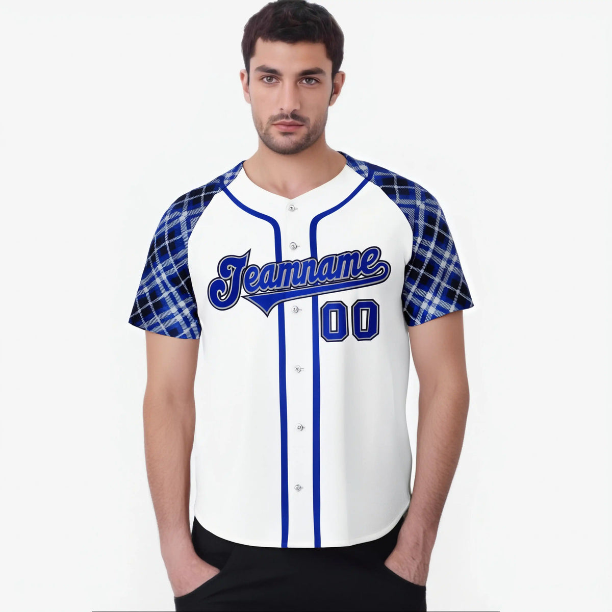 Custom White Purple-Black Authentic Plaid sleeve Baseball Jersey