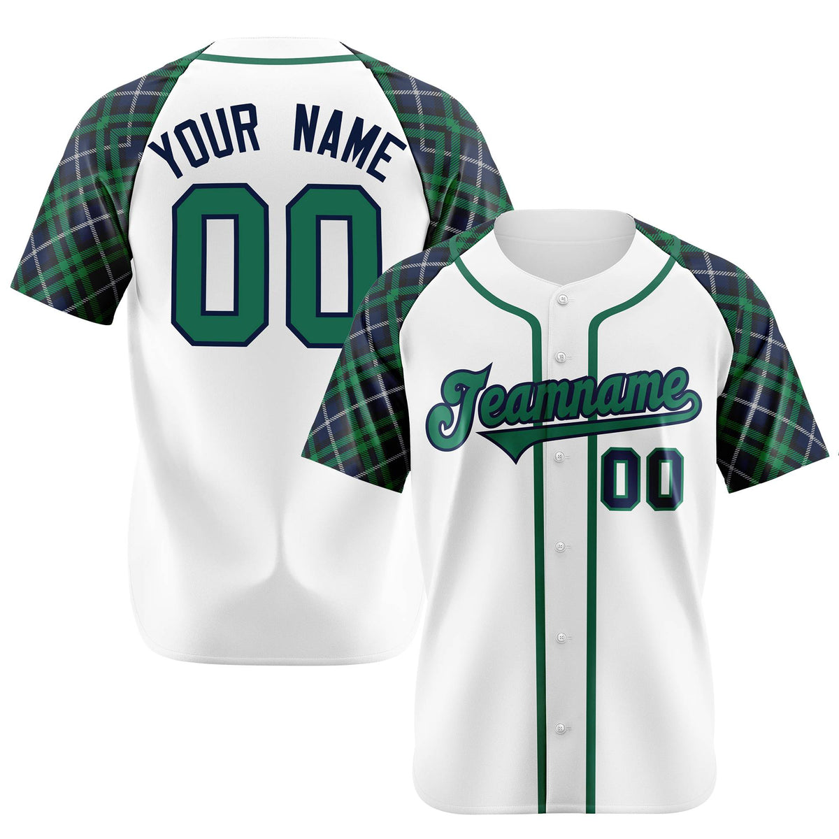 Custom White Green-Navy Authentic Plaid sleeve Baseball Jersey