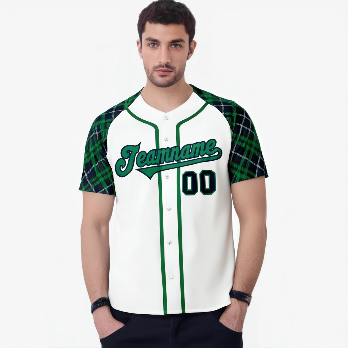 Custom White Green-Navy Authentic Plaid sleeve Baseball Jersey