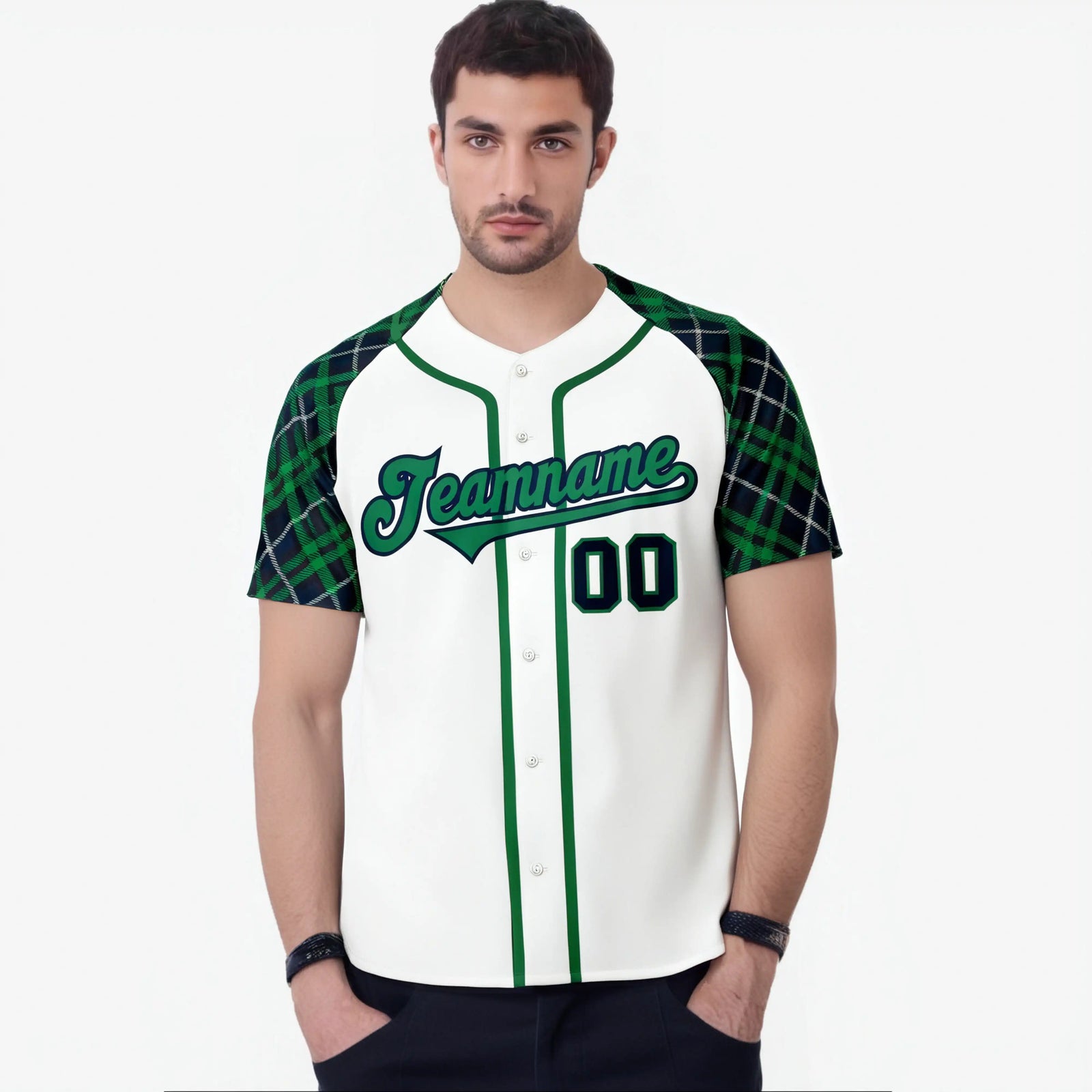 Custom White Green-Navy Authentic Plaid sleeve Baseball Jersey