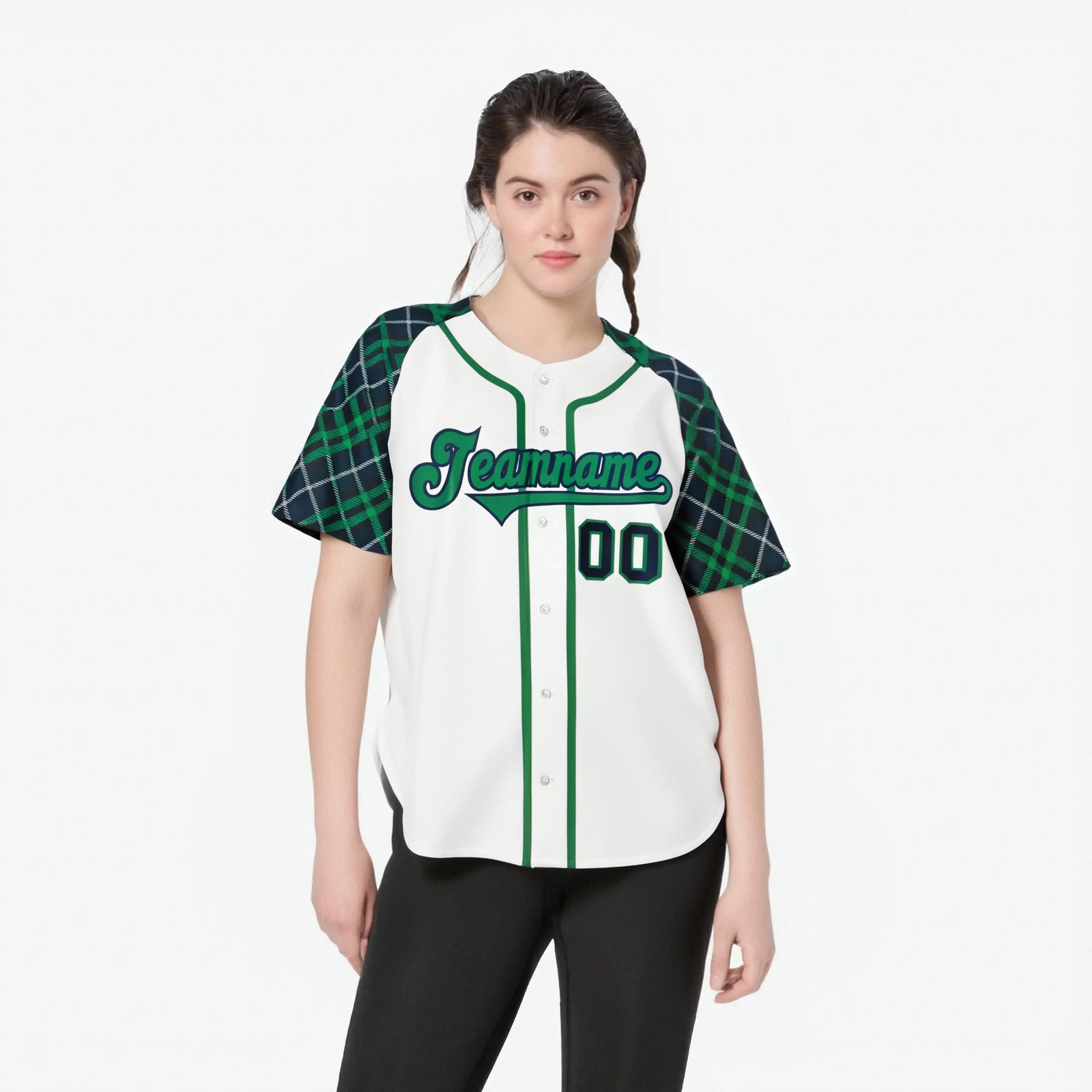 Custom White Green-Navy Authentic Plaid sleeve Baseball Jersey