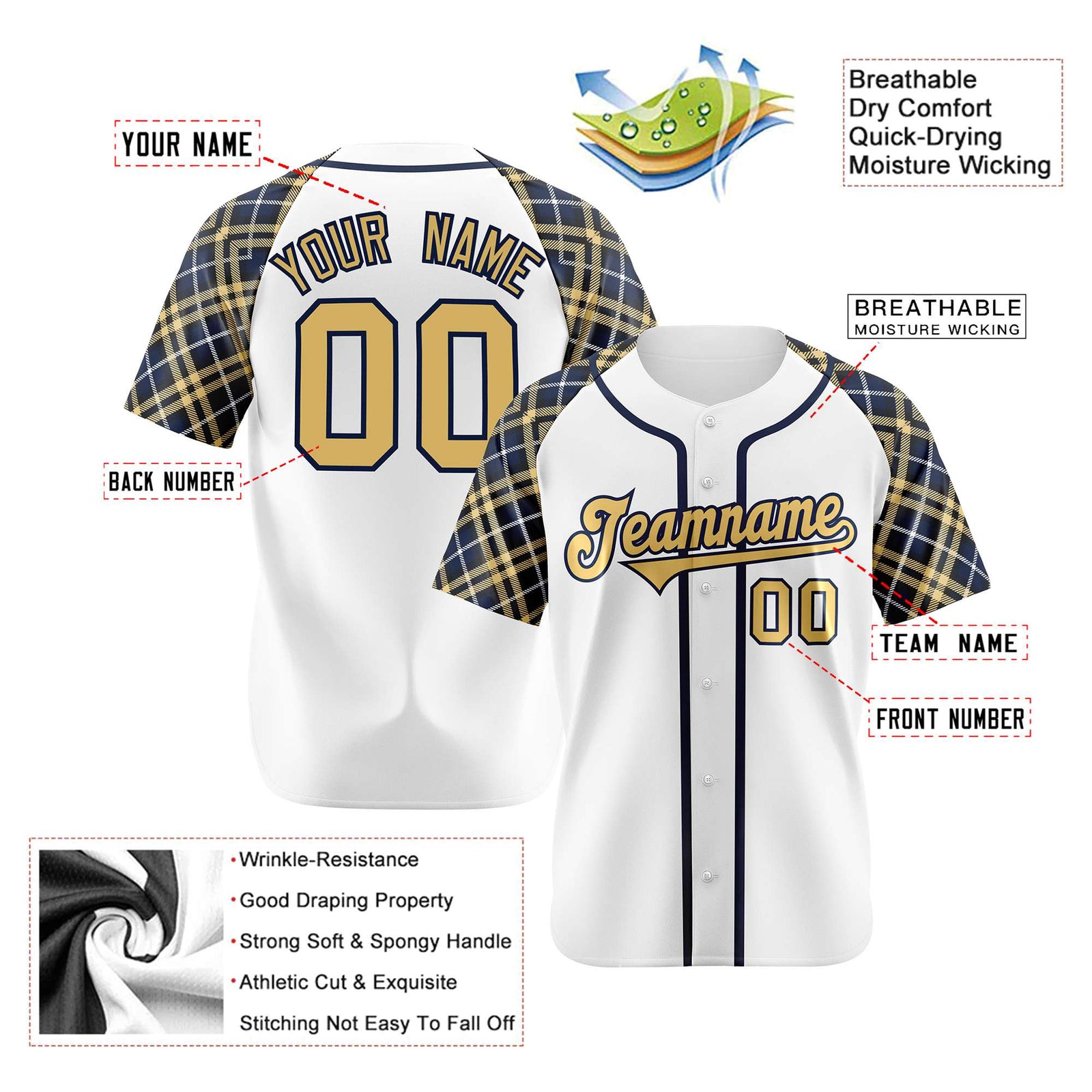 Custom White Yellow-Navy Authentic Plaid sleeve Baseball Jersey