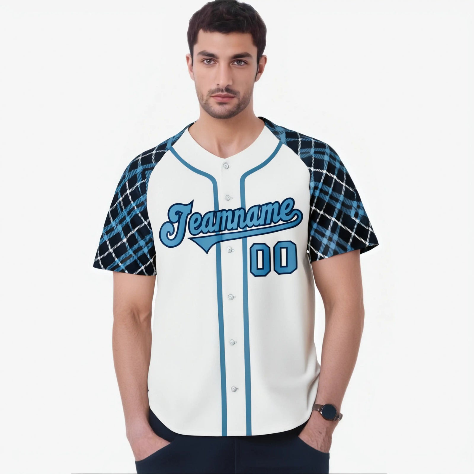 Custom White Blue-Navy Authentic Plaid sleeve Baseball Jersey