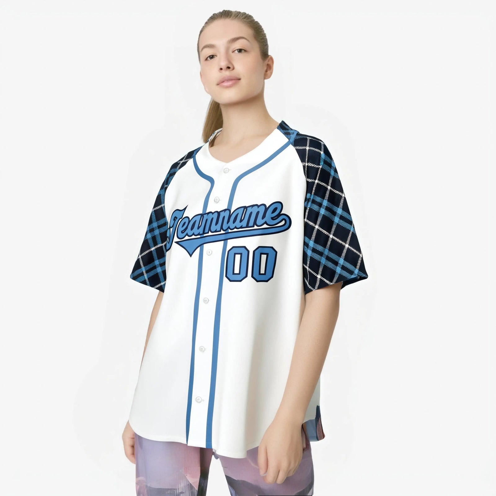 Custom White Blue-Navy Authentic Plaid sleeve Baseball Jersey