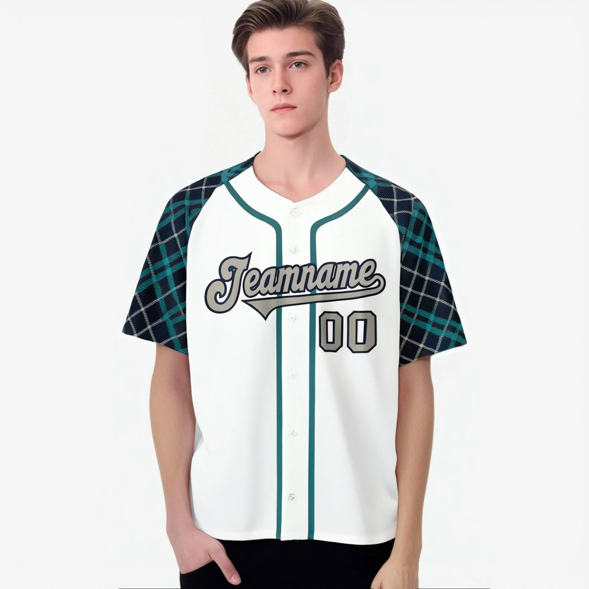 Custom White Greem-Gray Authentic Plaid sleeve Baseball Jersey
