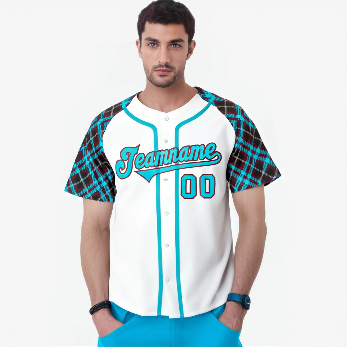 Custom White Blue-Brown Authentic Plaid sleeve Baseball Jersey
