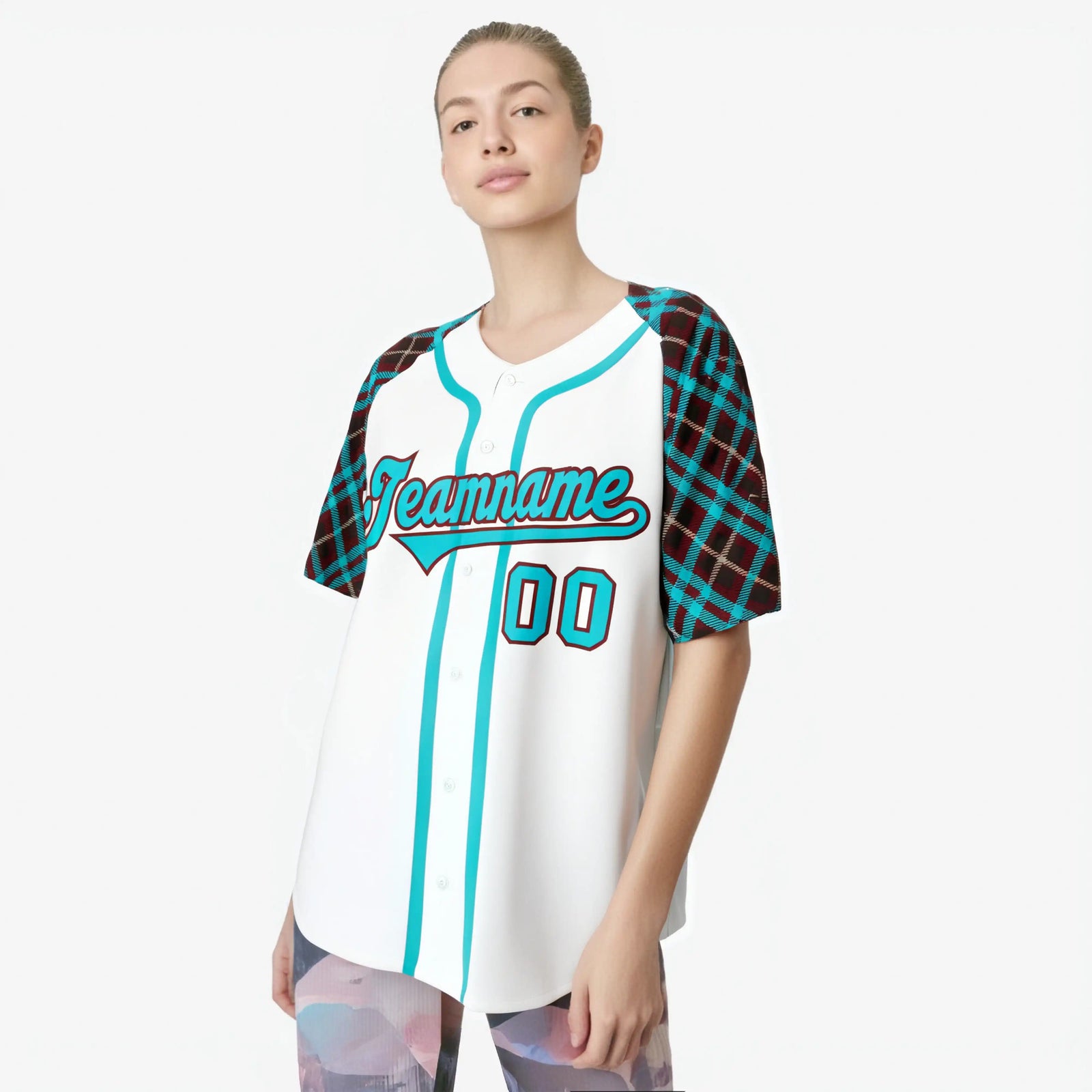 Custom White Blue-Brown Authentic Plaid sleeve Baseball Jersey