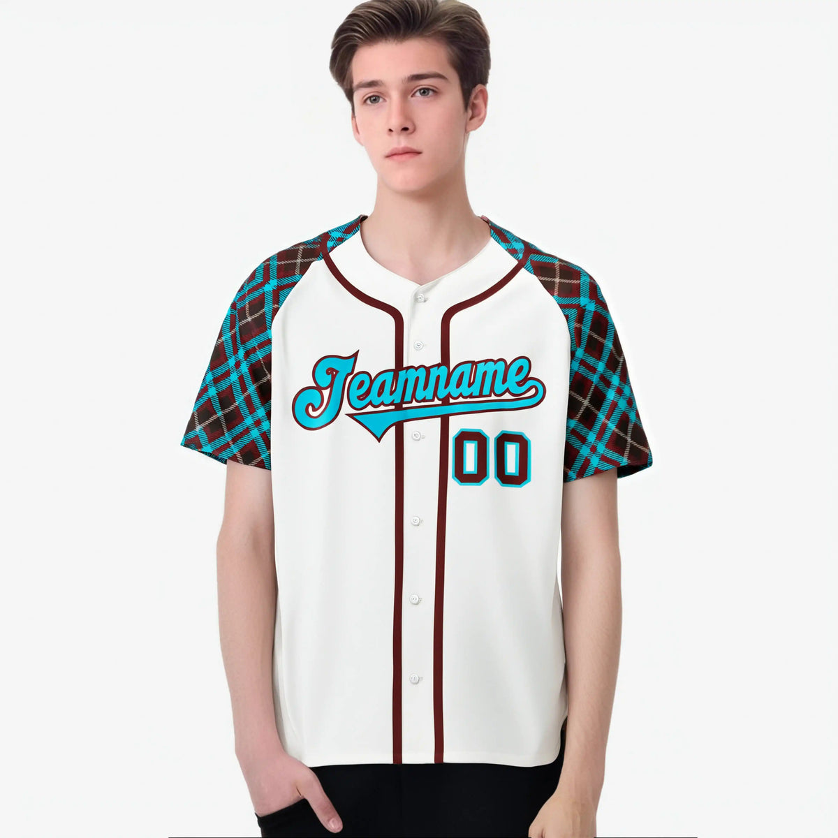Custom White Brown-Blue Authentic Plaid sleeve Baseball Jersey