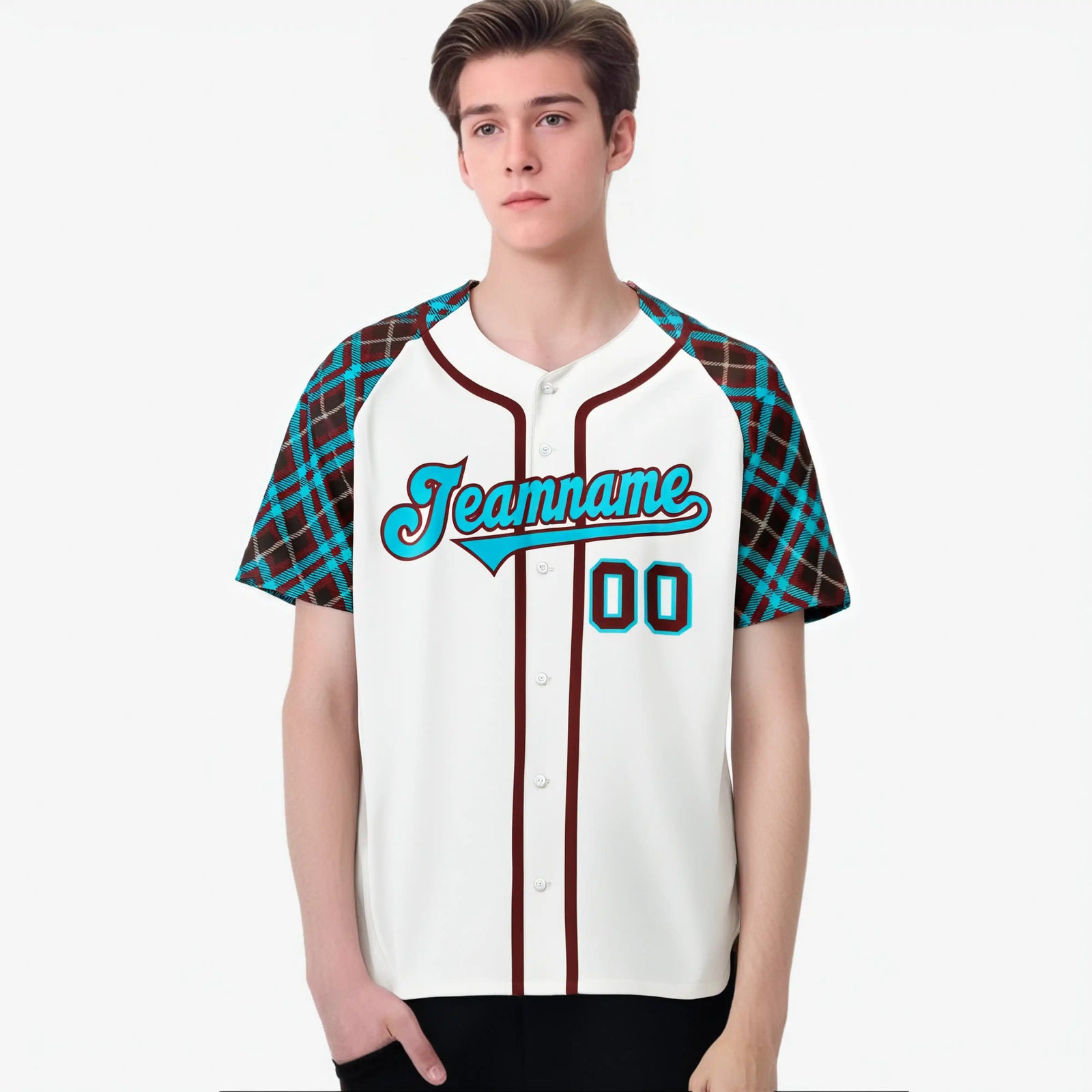 Custom White Brown-Blue Authentic Plaid sleeve Baseball Jersey