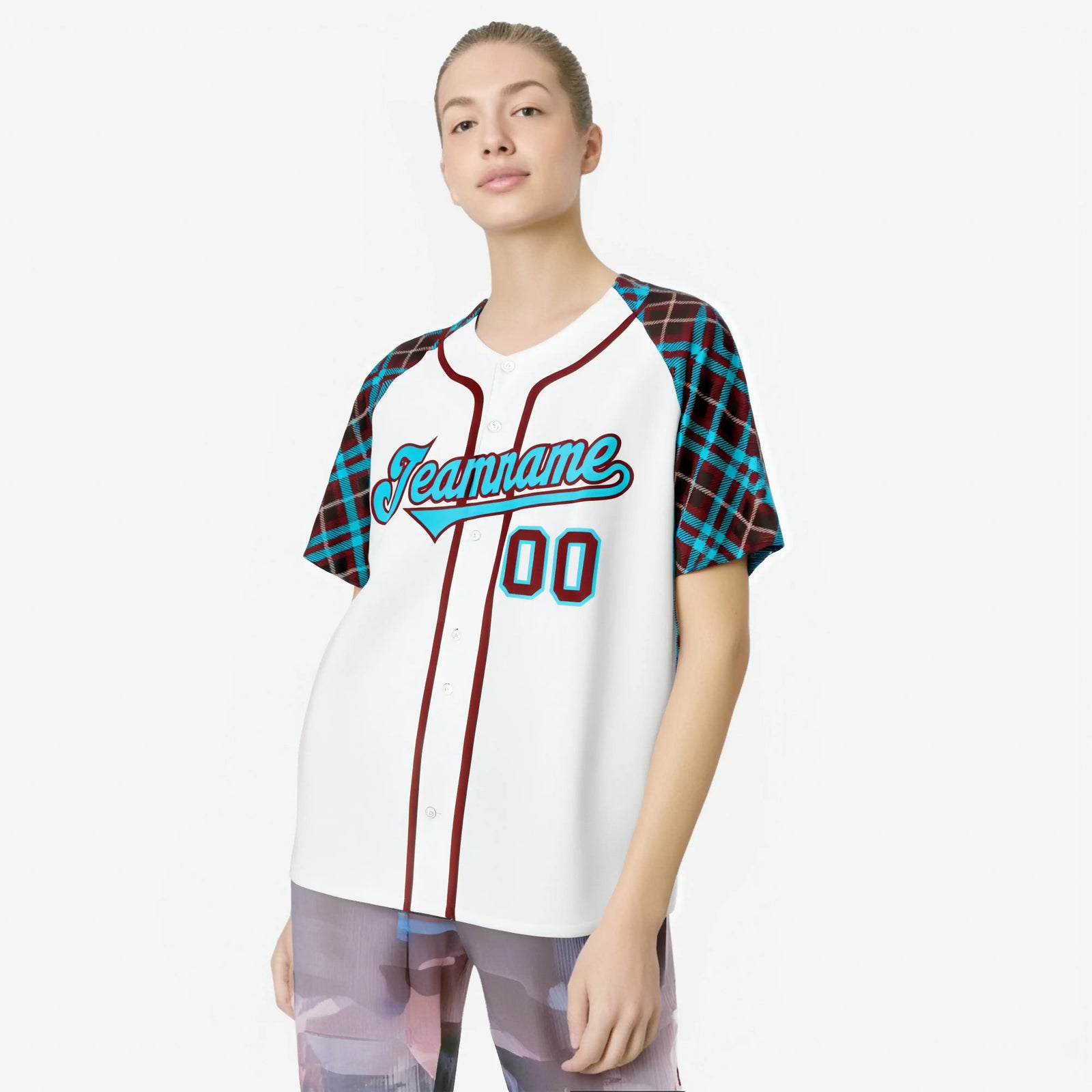 Custom White Brown-Blue Authentic Plaid sleeve Baseball Jersey