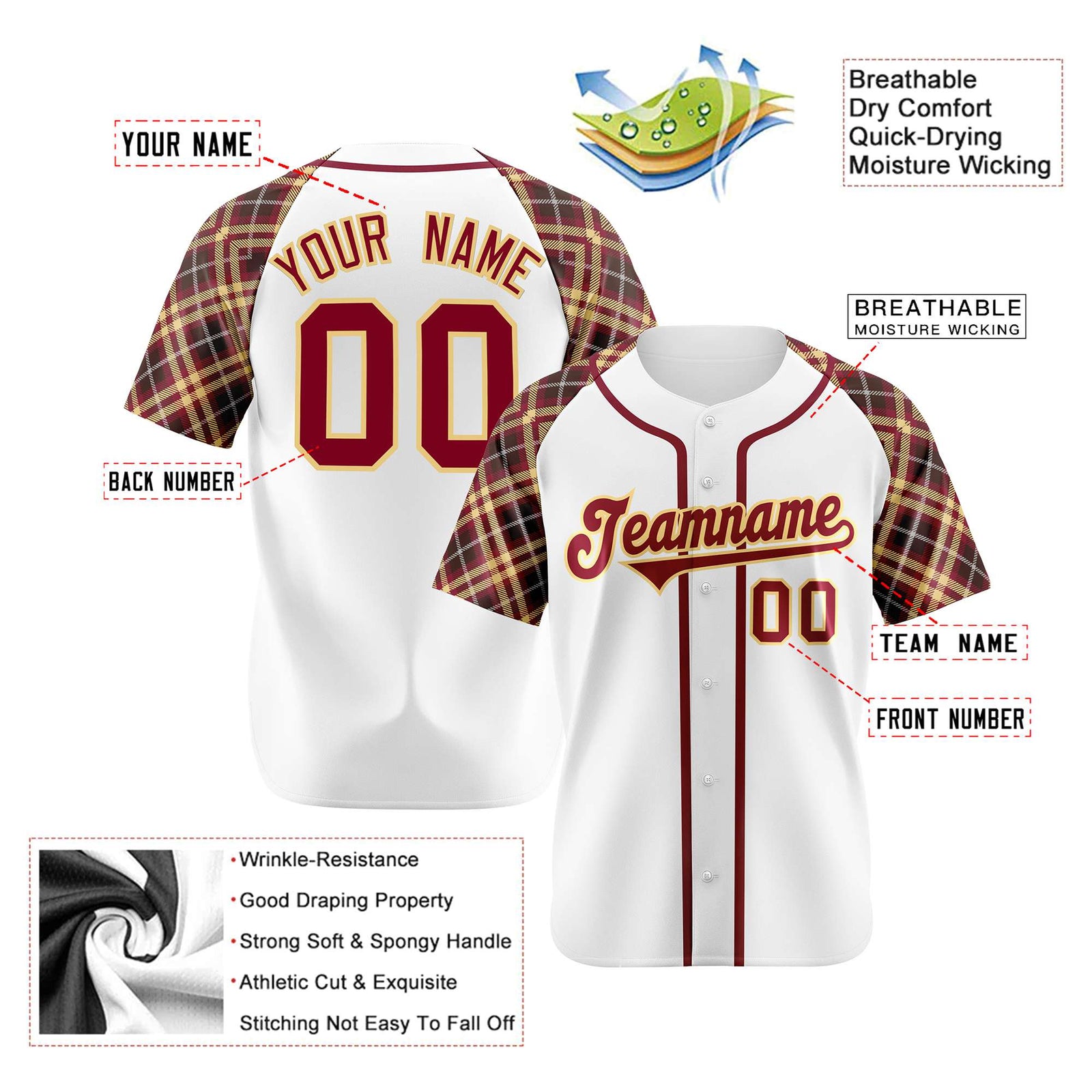 Custom White Crimson-Gold Authentic Plaid sleeve Baseball Jersey