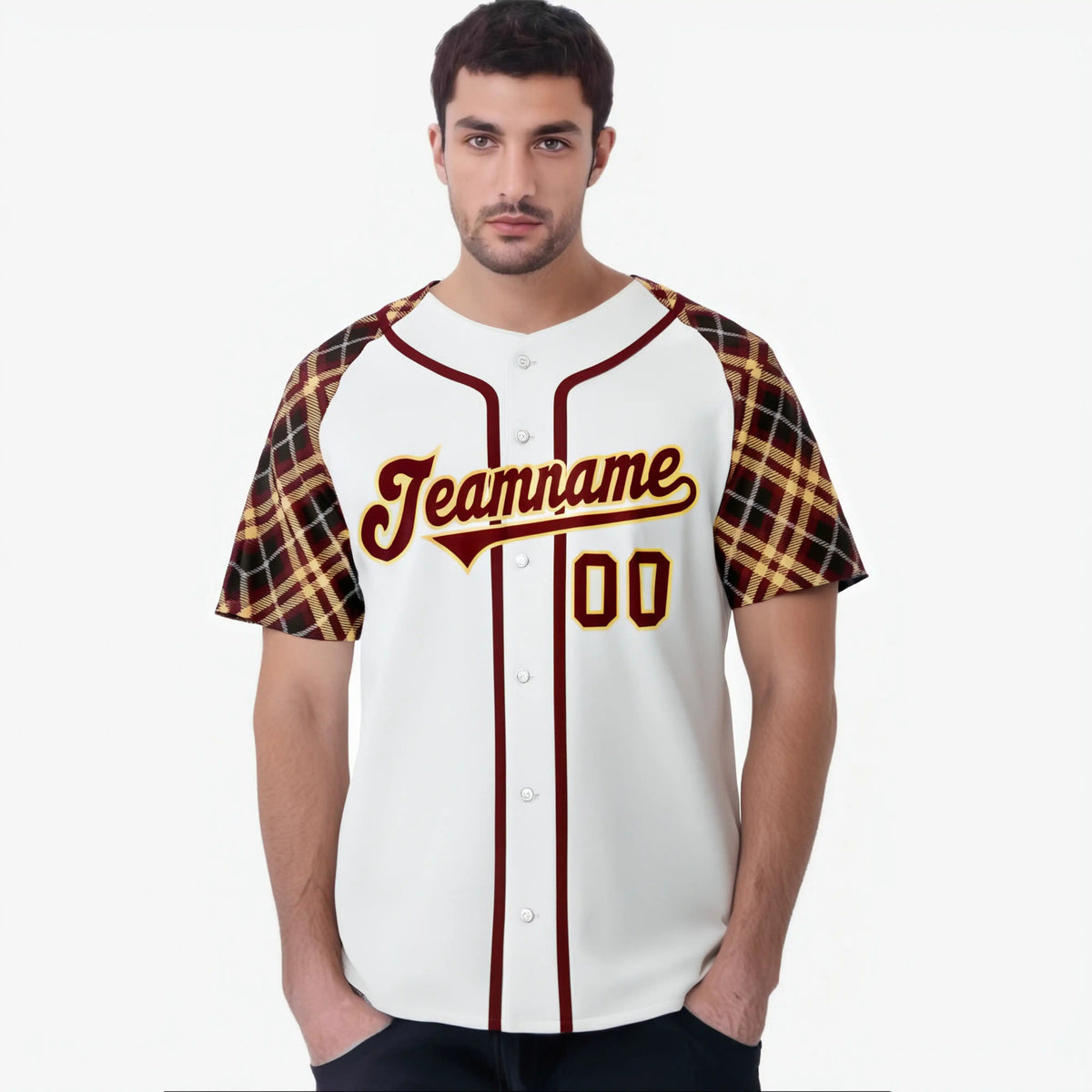 Custom White Crimson-Gold Authentic Plaid sleeve Baseball Jersey