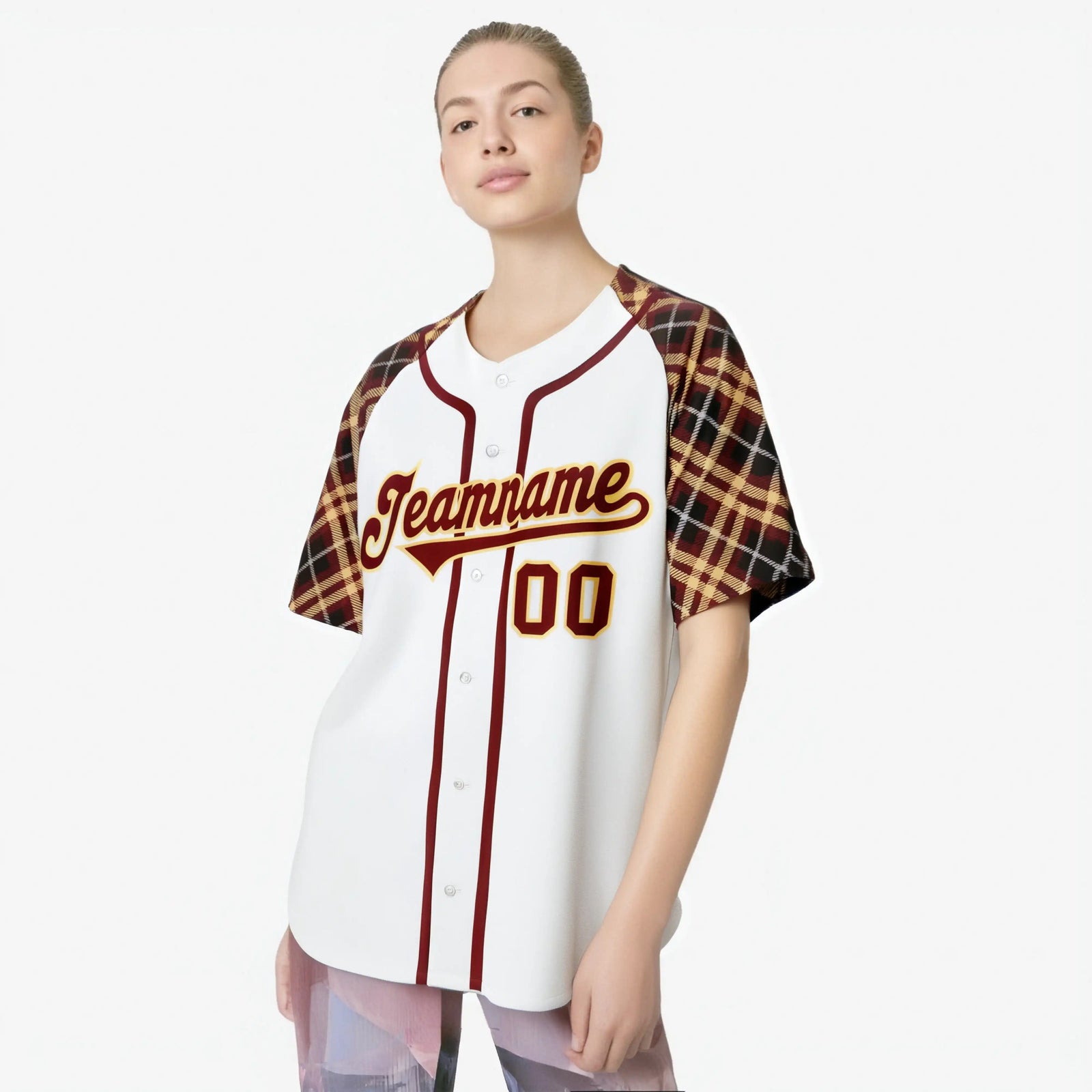 Custom White Crimson-Gold Authentic Plaid sleeve Baseball Jersey
