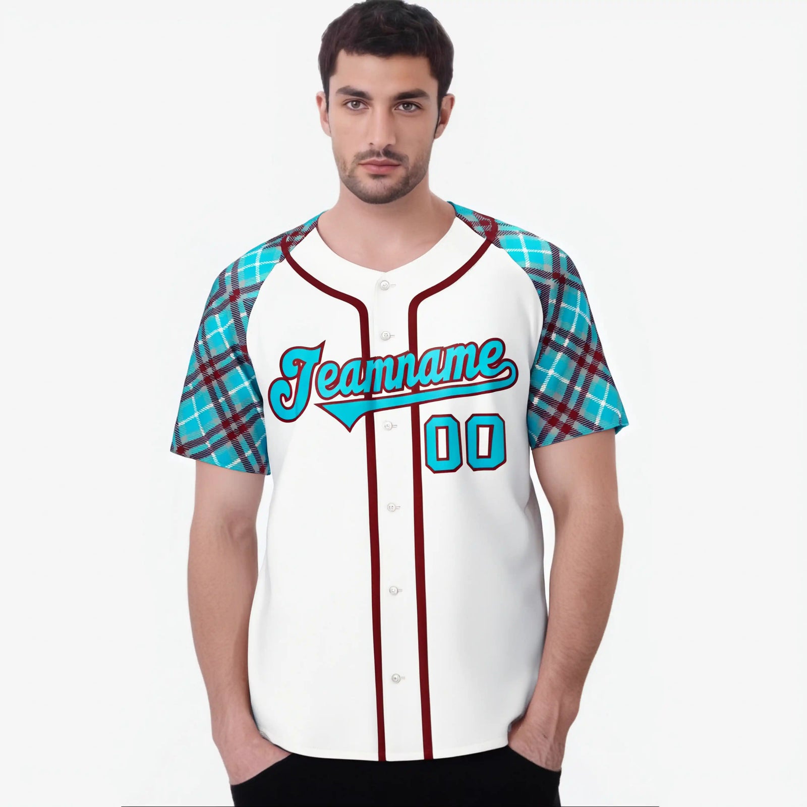 Custom White Blue-Brown Authentic Plaid sleeve Baseball Jersey