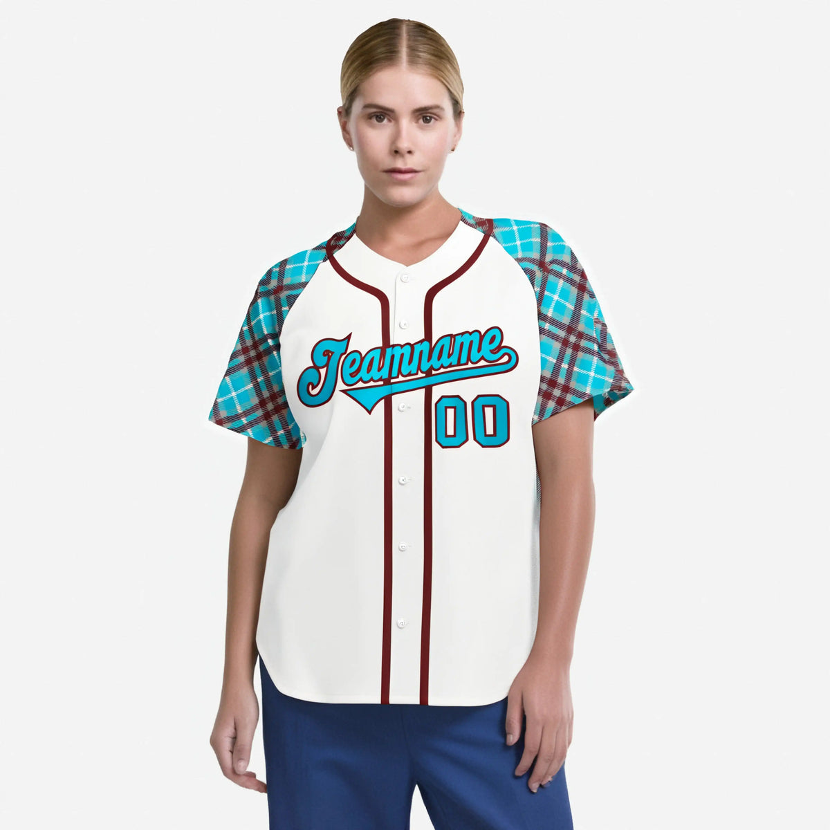 Custom White Blue-Brown Authentic Plaid sleeve Baseball Jersey