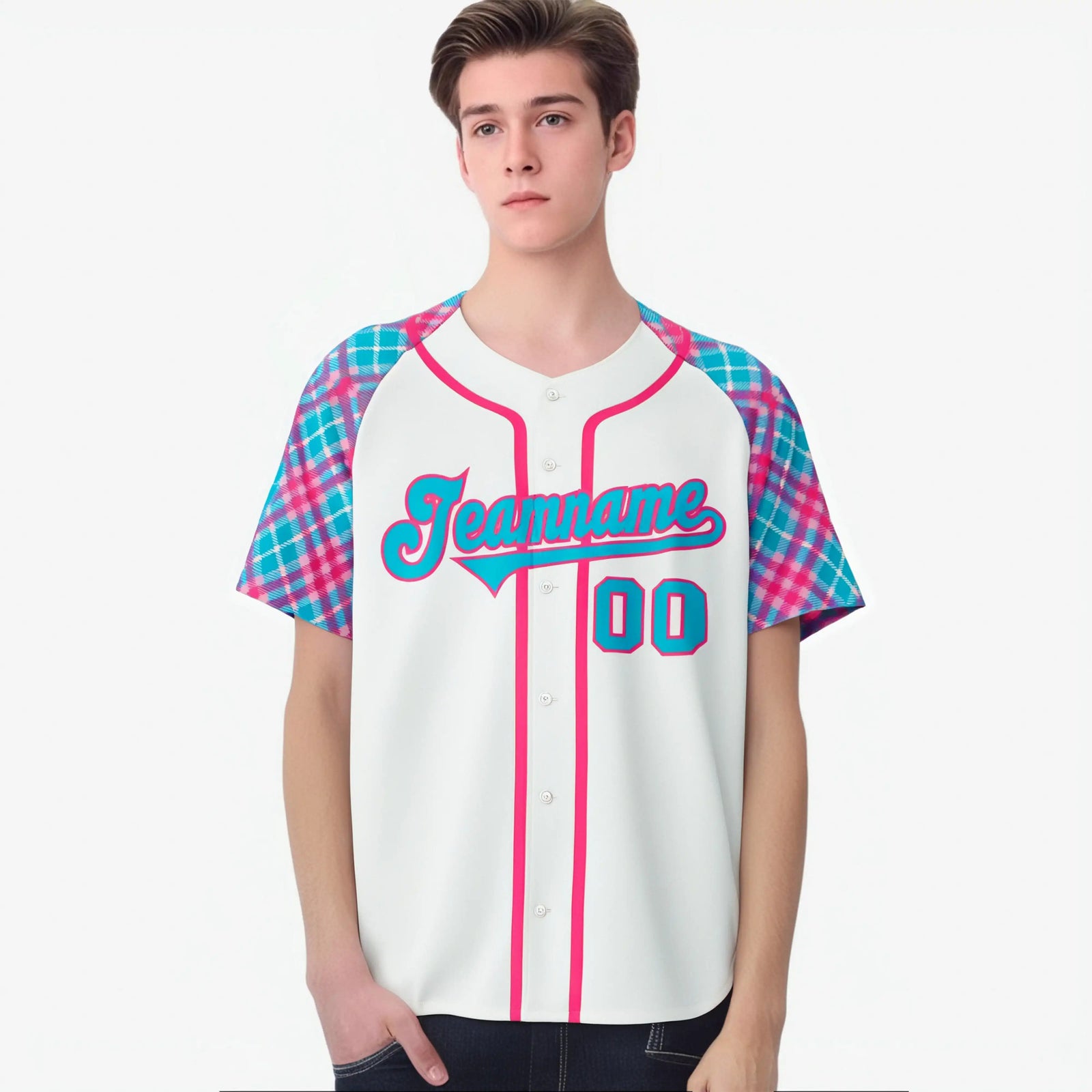 Custom White Pink-Blue Authentic Plaid sleeve Baseball Jersey