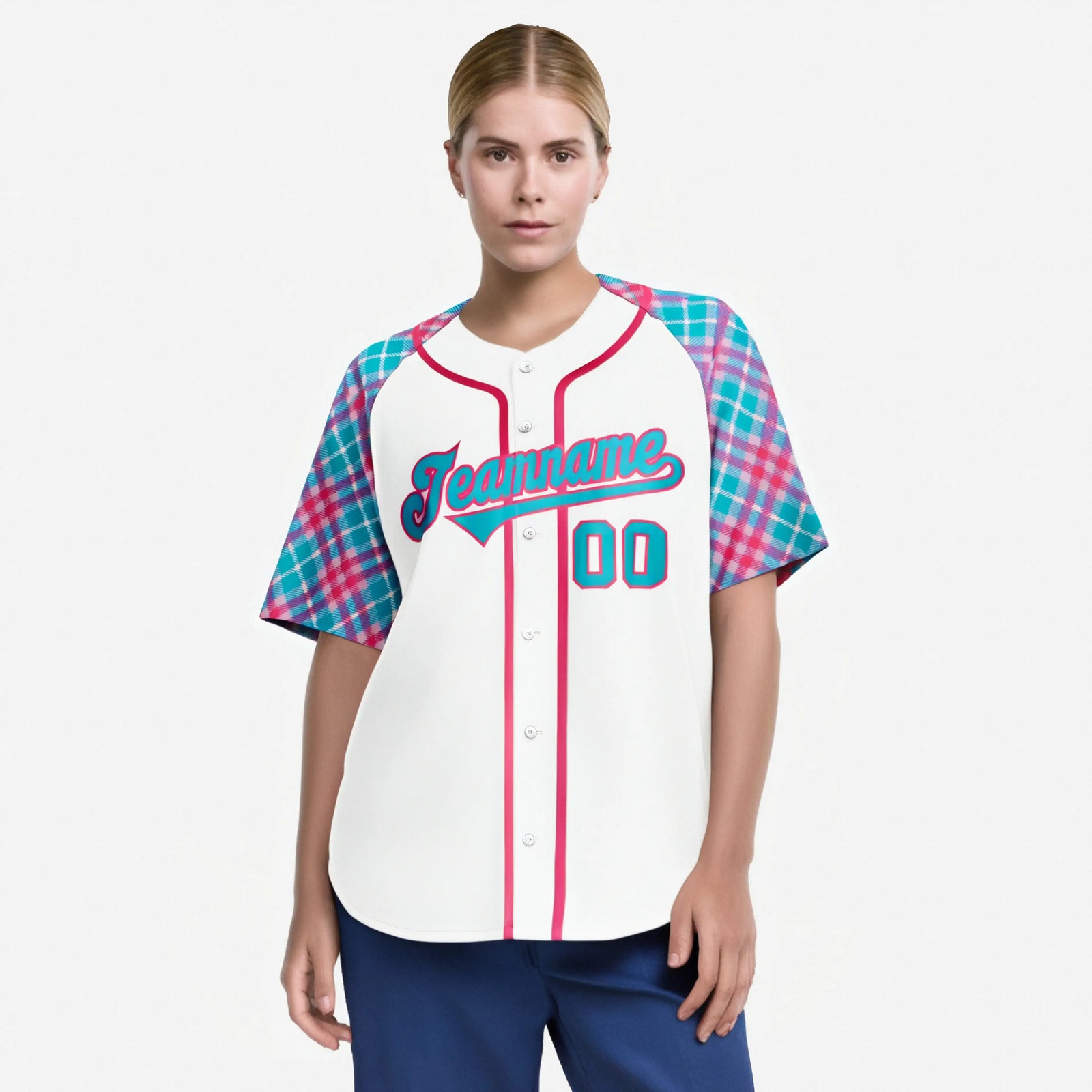 Custom White Pink-Blue Authentic Plaid sleeve Baseball Jersey