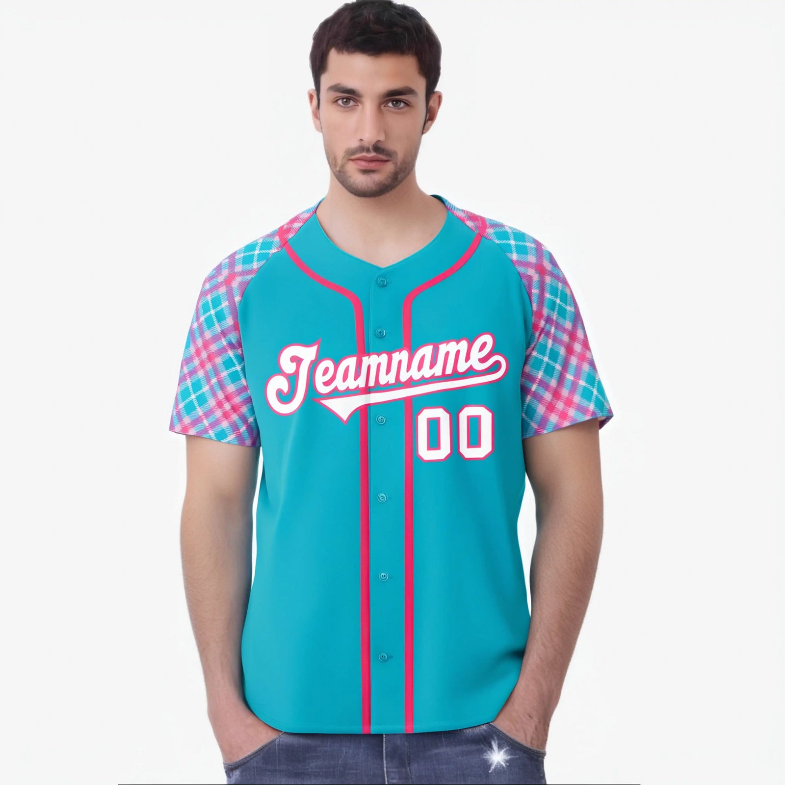 Custom Light Blue Pink-White Authentic Plaid sleeve Baseball Jersey