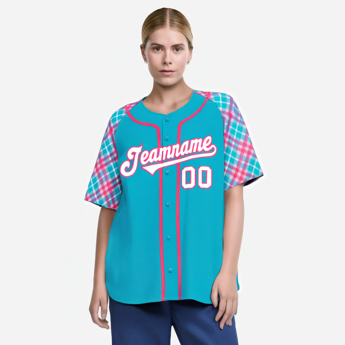 Custom Light Blue Pink-White Authentic Plaid sleeve Baseball Jersey