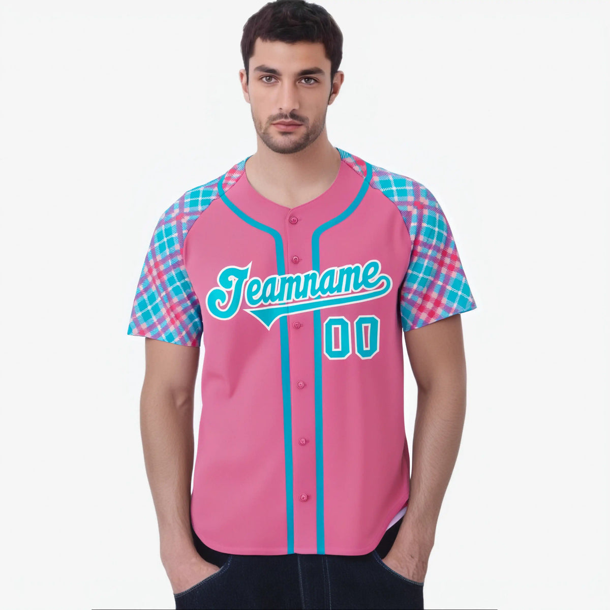 Custom Pink Light Blue-White Authentic Plaid sleeve Baseball Jersey