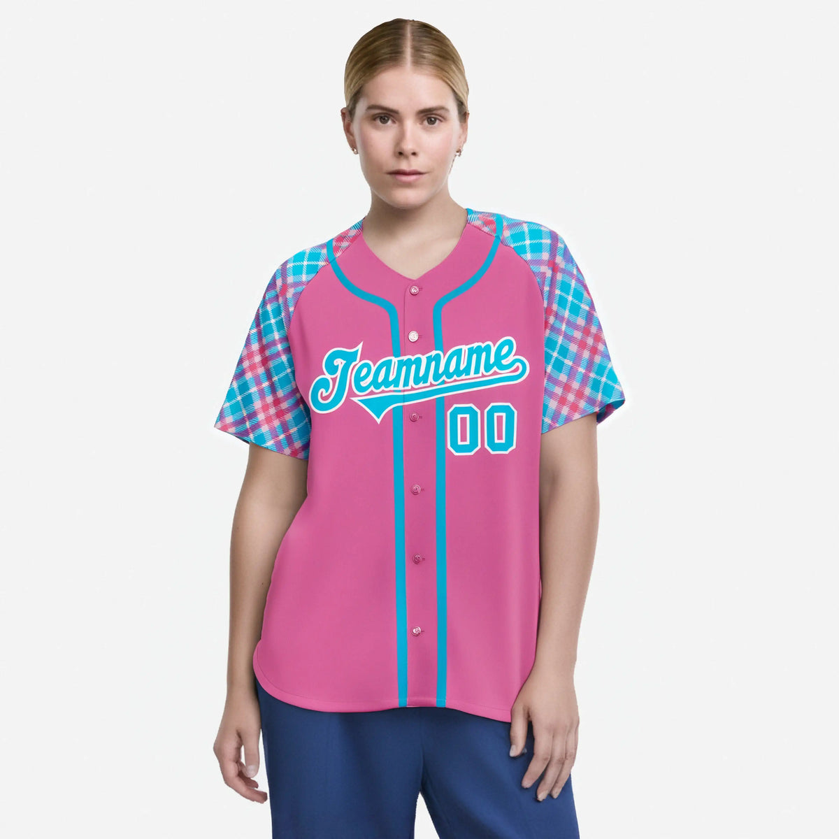 Custom Pink Light Blue-White Authentic Plaid sleeve Baseball Jersey