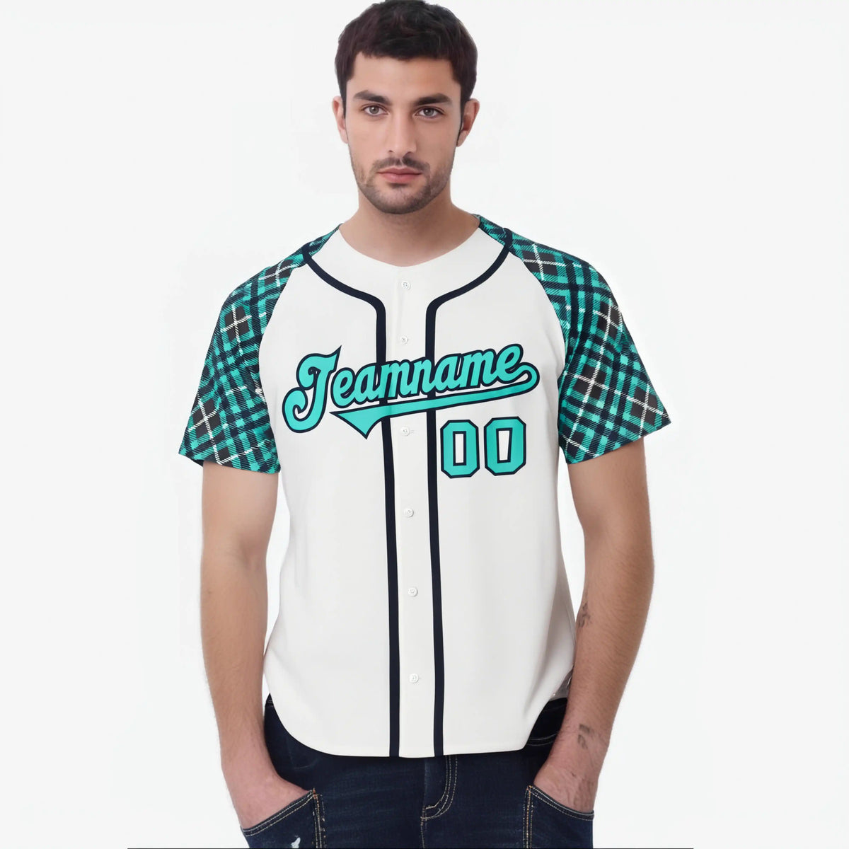 Custom White Light-Blue Navy Authentic Plaid sleeve Baseball Jersey