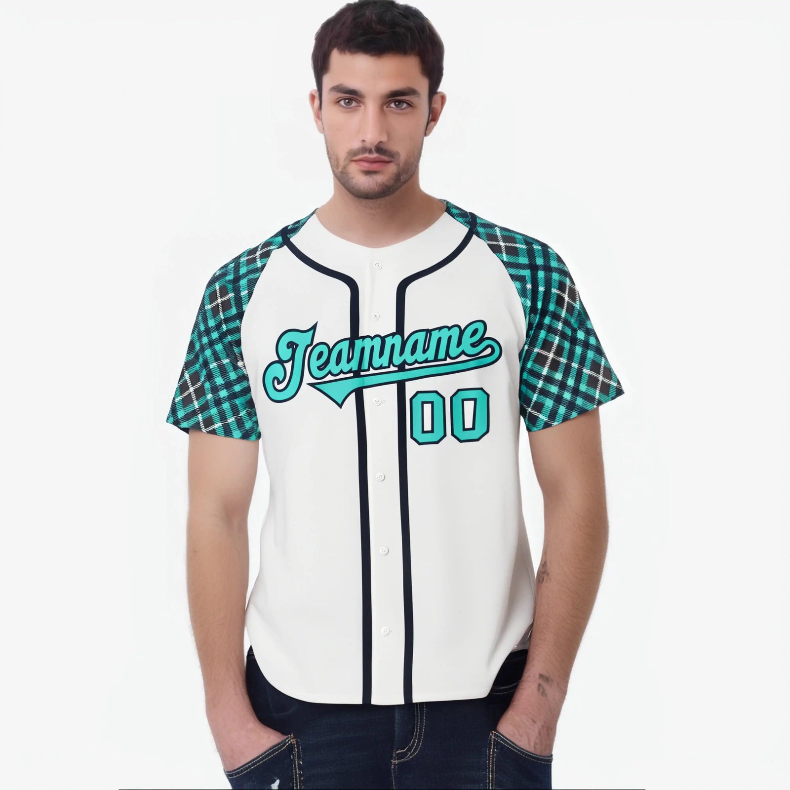 Custom White Light-Blue Navy Authentic Plaid sleeve Baseball Jersey