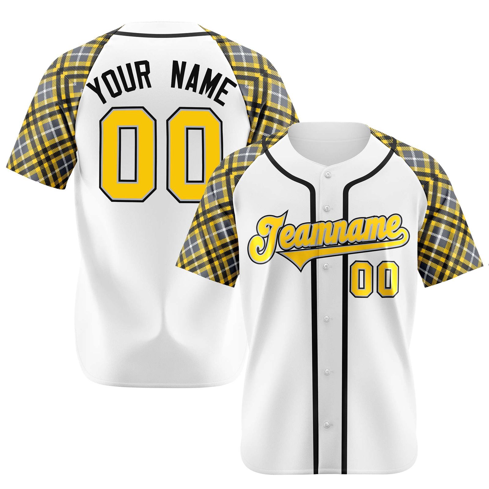 Custom White Yellow-Black Authentic Plaid sleeve Baseball Jersey