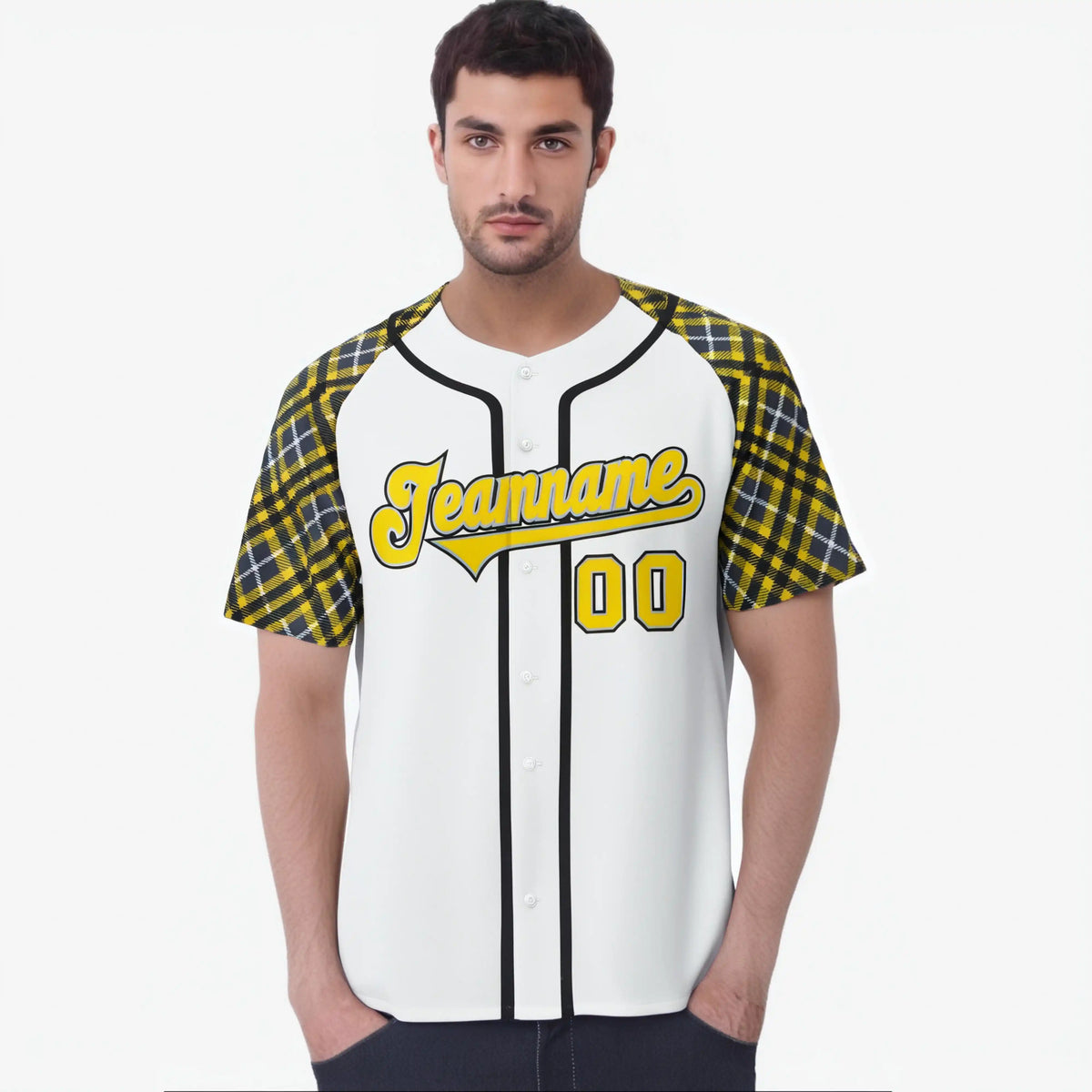 Custom White Yellow-Black Authentic Plaid sleeve Baseball Jersey