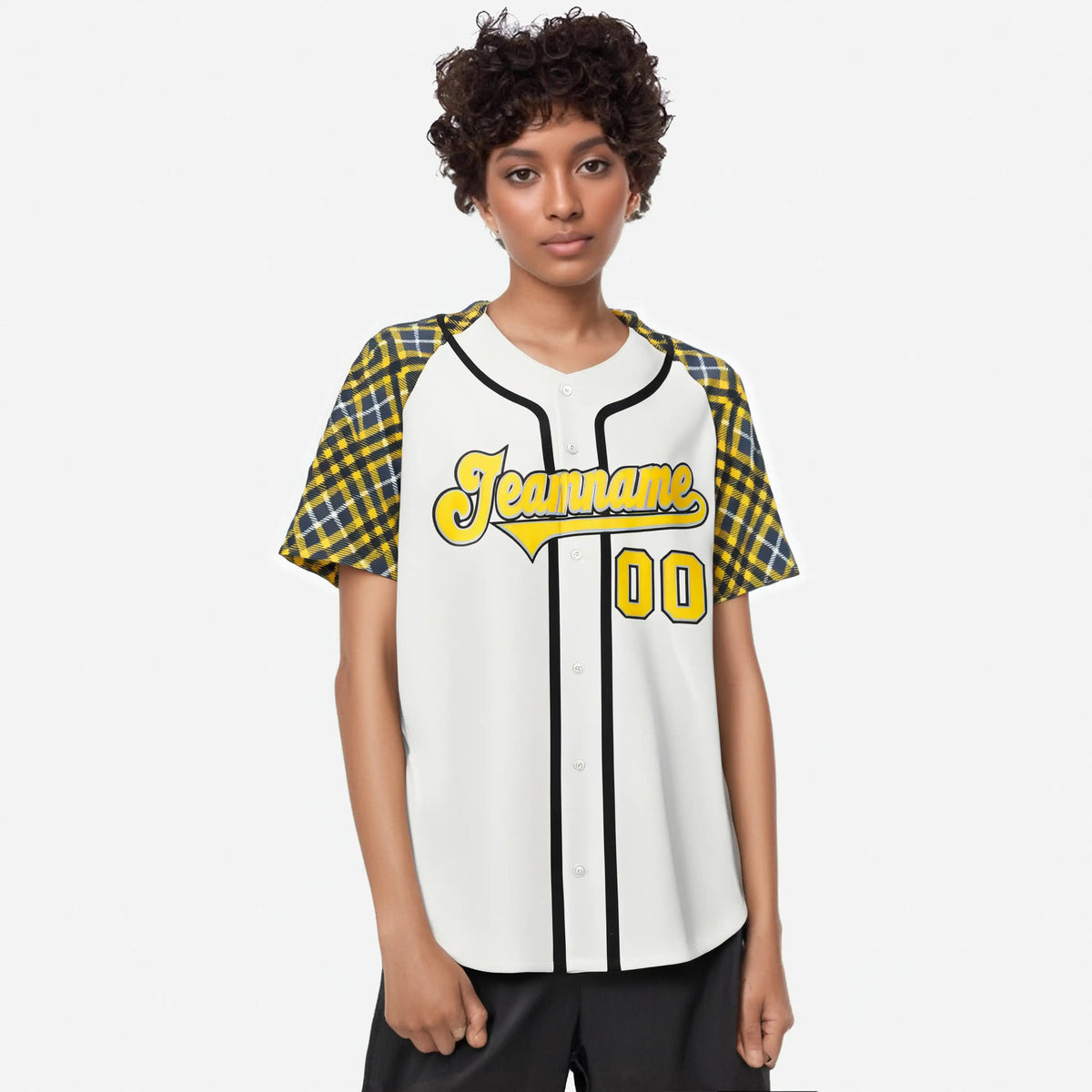 Custom White Yellow-Black Authentic Plaid sleeve Baseball Jersey
