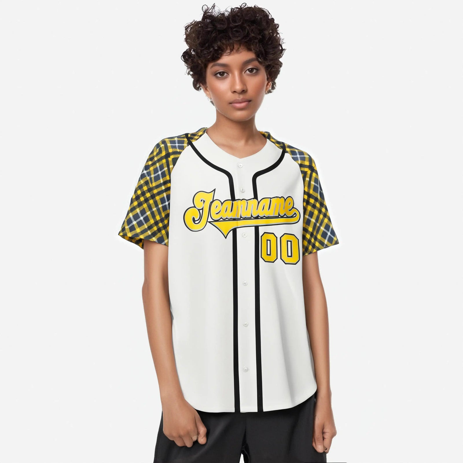Custom White Yellow-Black Authentic Plaid sleeve Baseball Jersey