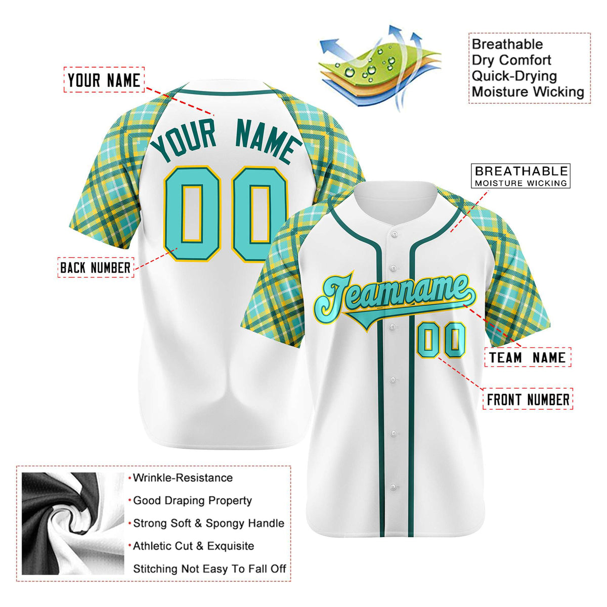 Custom White Light-Blue Yellow Authentic Plaid sleeve Baseball Jersey