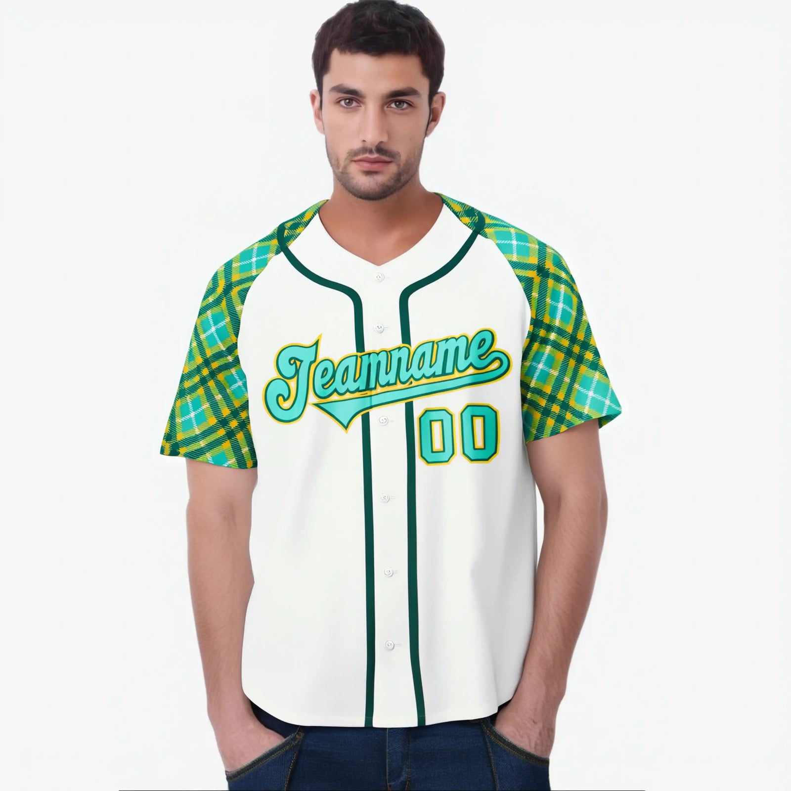 Custom White Light-Blue Yellow Authentic Plaid sleeve Baseball Jersey