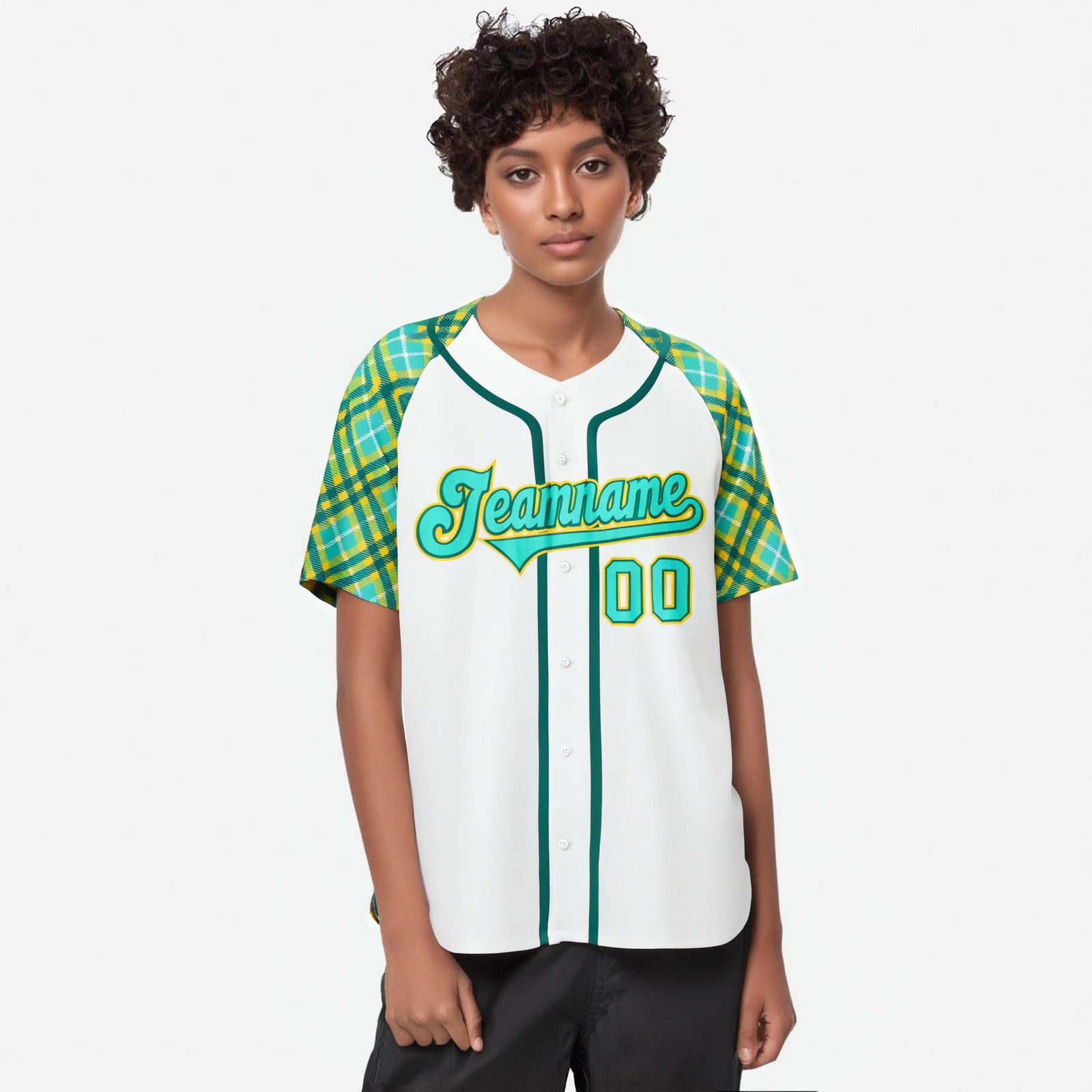 Custom White Light-Blue Yellow Authentic Plaid sleeve Baseball Jersey