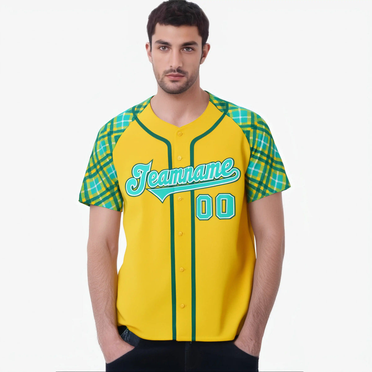 Custom Yellow Light-Blue Aqua Authentic Plaid sleeve Baseball Jersey