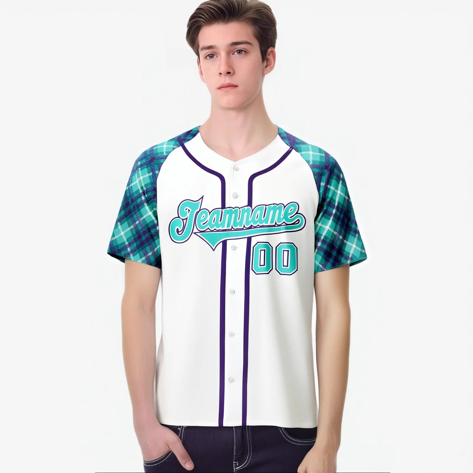 Custom Yellow Light-Blue Purple Authentic Plaid sleeve Baseball Jersey