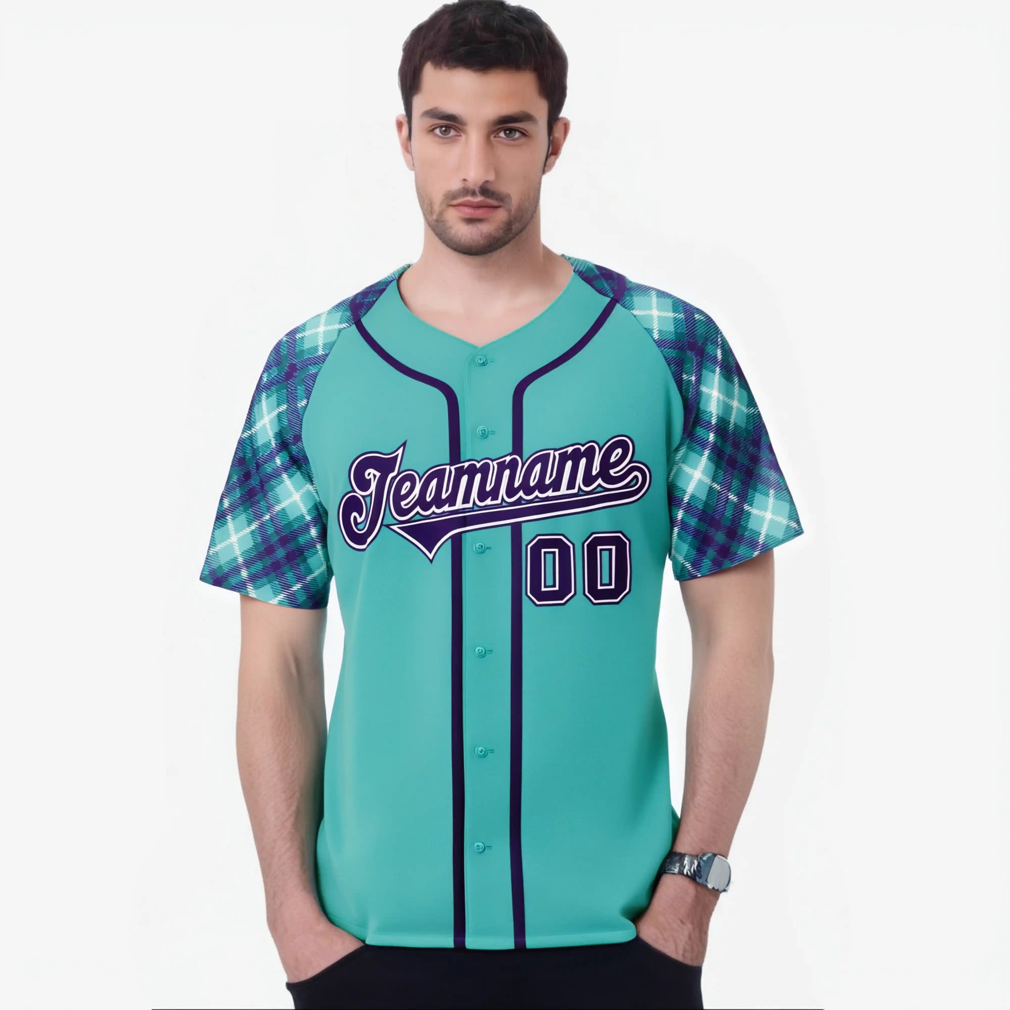 Custom Aqua Purple-White Authentic Plaid sleeve Baseball Jersey