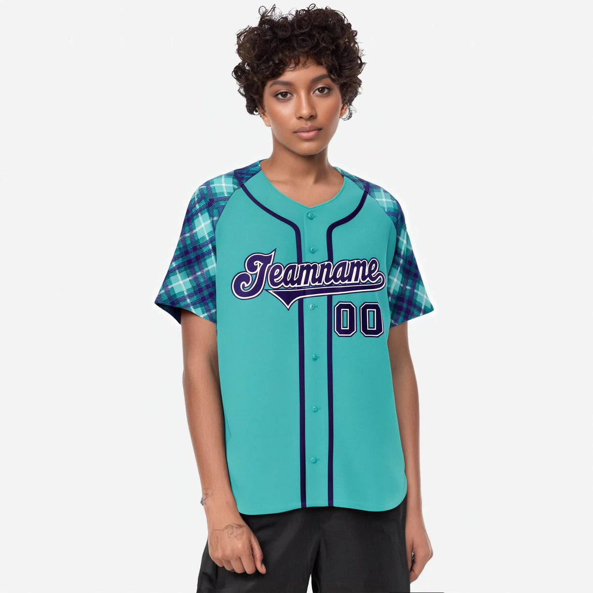 Custom Aqua Purple-White Authentic Plaid sleeve Baseball Jersey