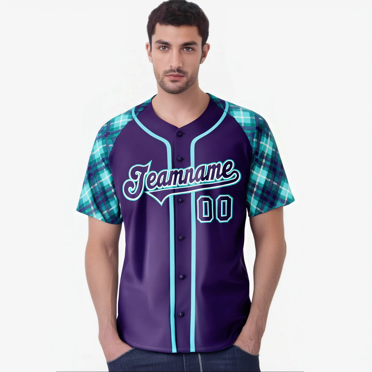 Custom Purple Aqua-White Authentic Plaid sleeve Baseball Jersey