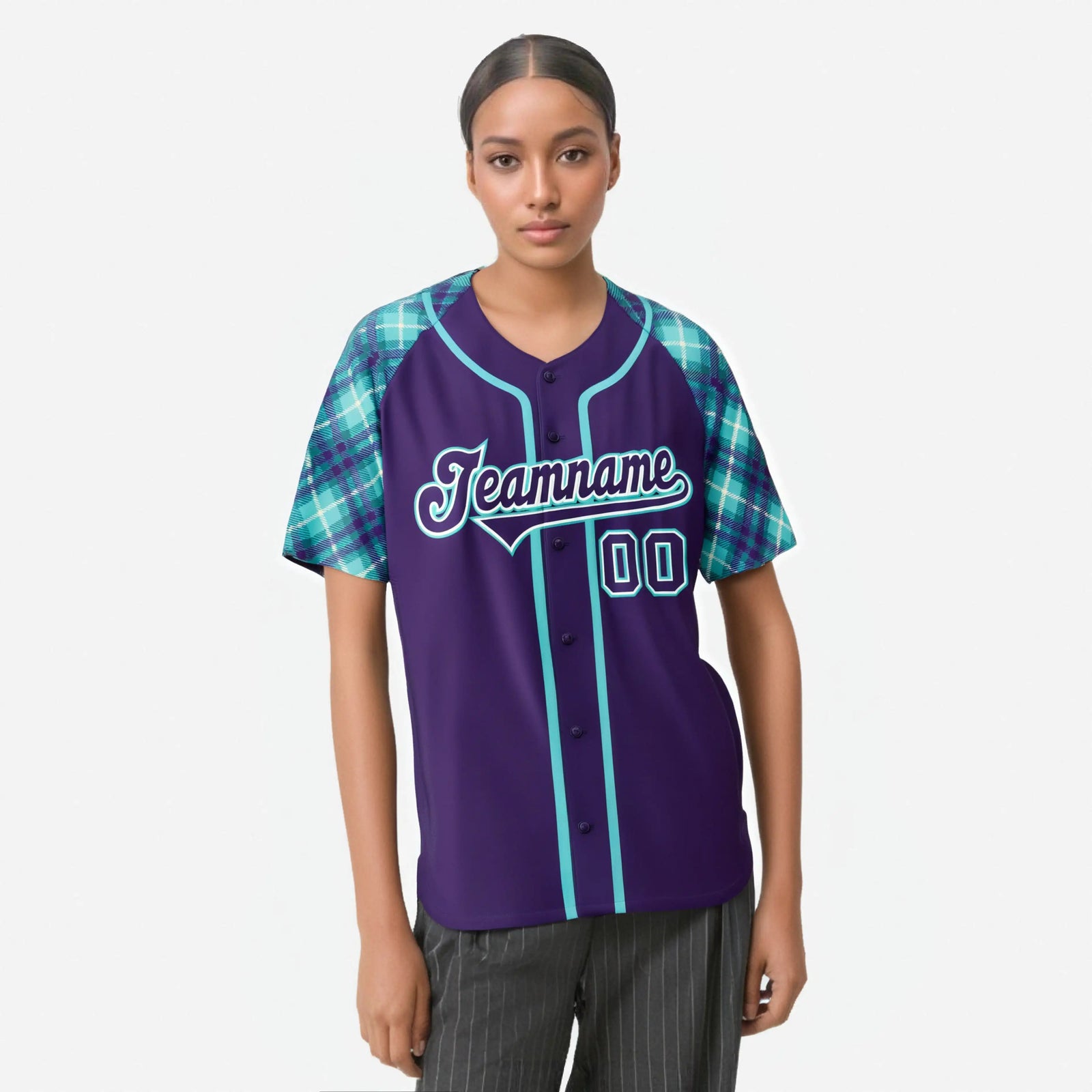 Custom Purple Aqua-White Authentic Plaid sleeve Baseball Jersey