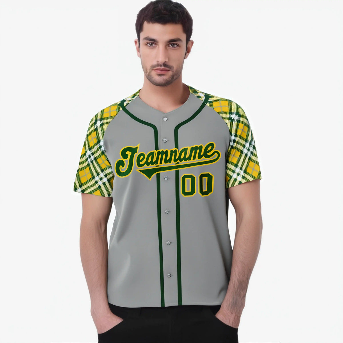 Custom Gray Yellow Kelly-Green Authentic Plaid sleeve Baseball Jersey