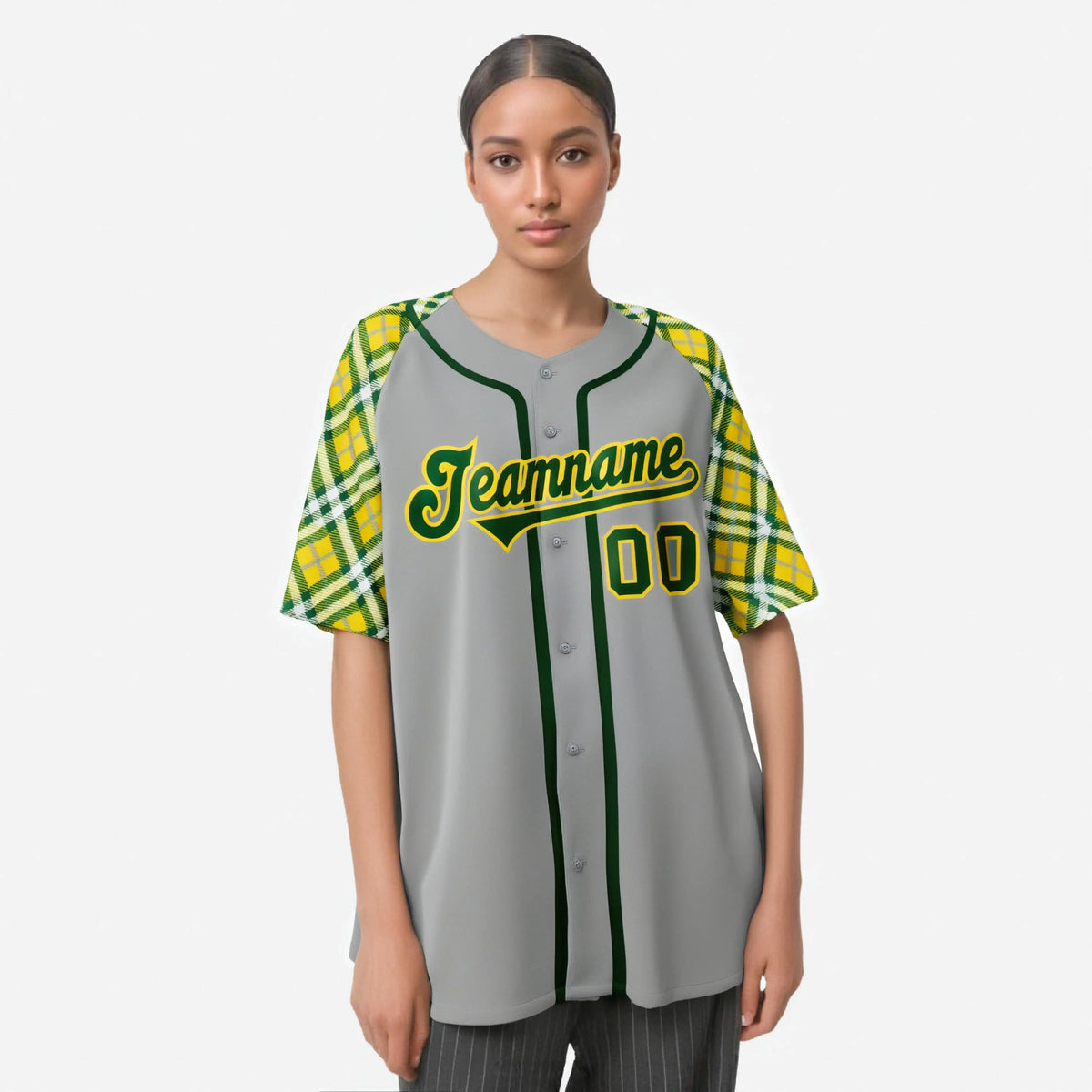 Custom Gray Yellow Kelly-Green Authentic Plaid sleeve Baseball Jersey