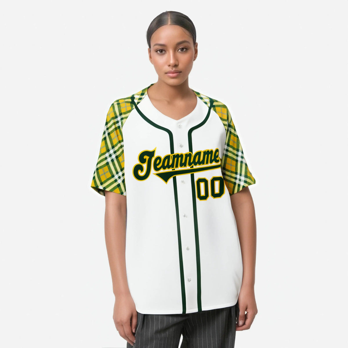 Custom White Yellow Kelly-Green Authentic Plaid sleeve Baseball Jersey