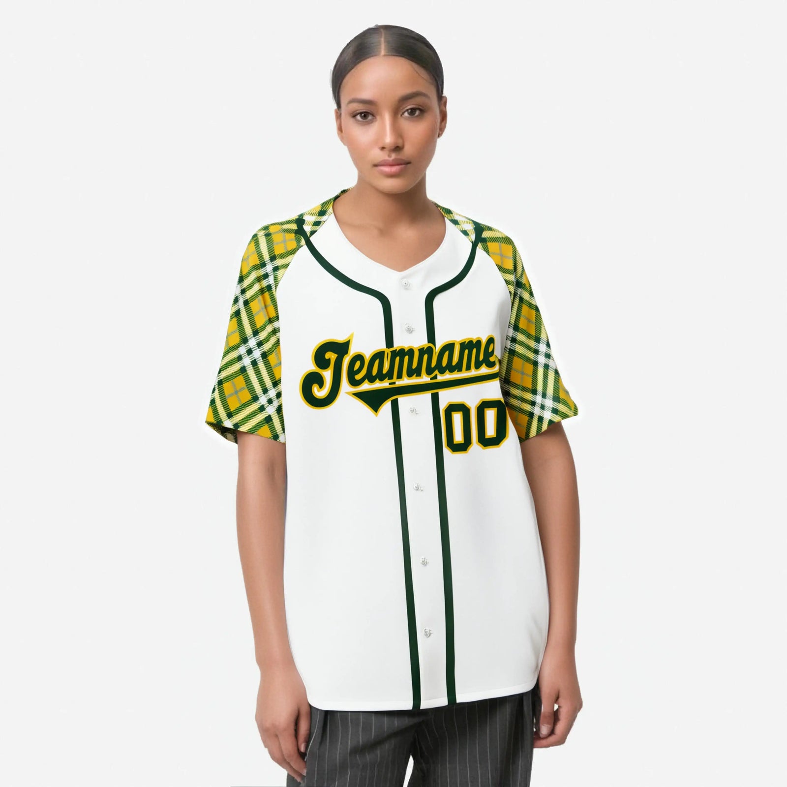 Custom White Yellow Kelly-Green Authentic Plaid sleeve Baseball Jersey
