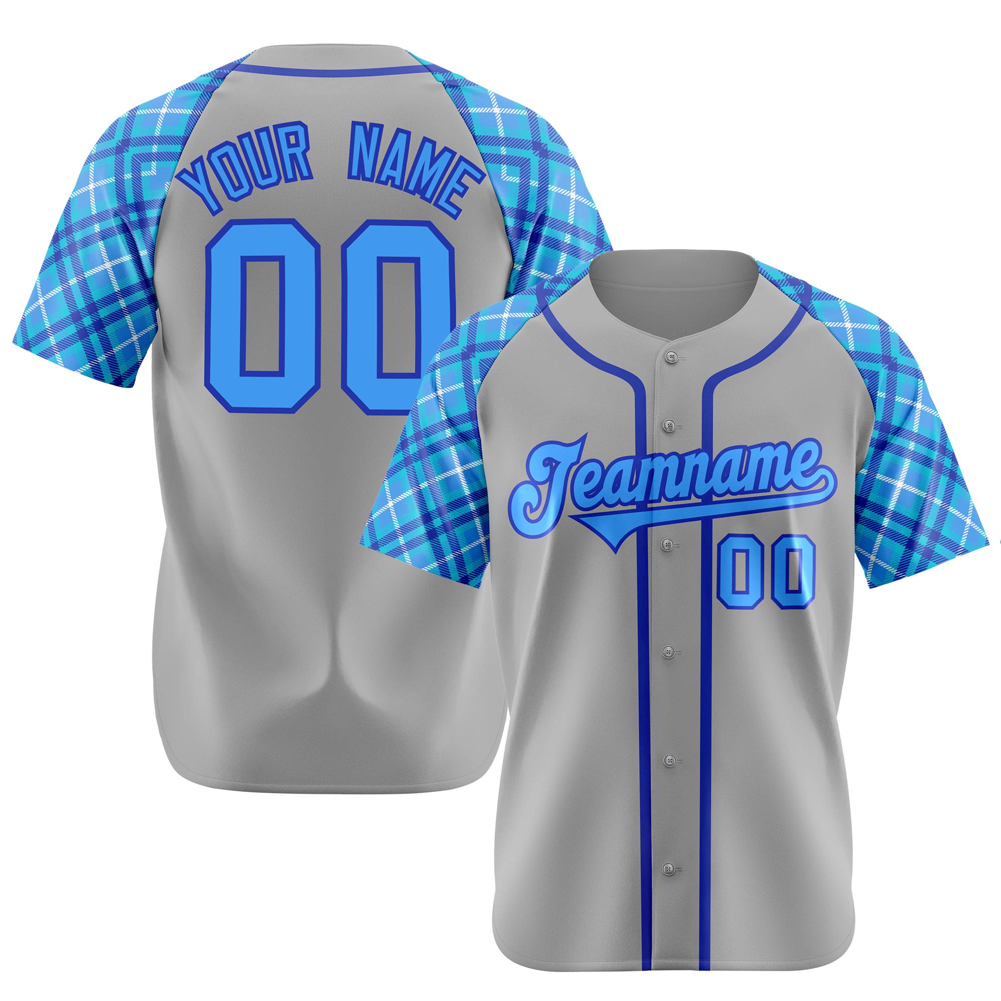 Custom Gray Blue-Purple Authentic Plaid sleeve Baseball Jersey