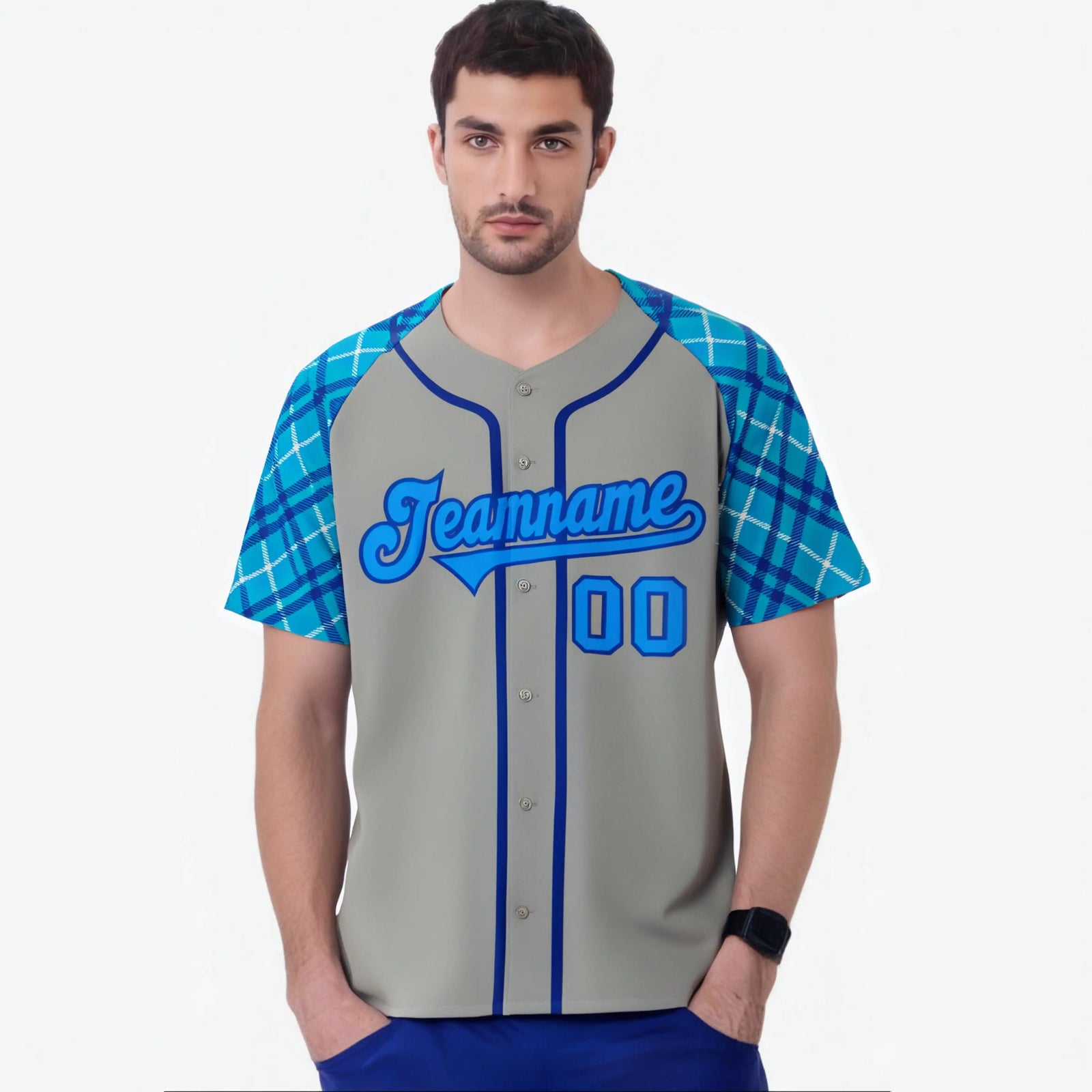 Custom Gray Blue-Purple Authentic Plaid sleeve Baseball Jersey