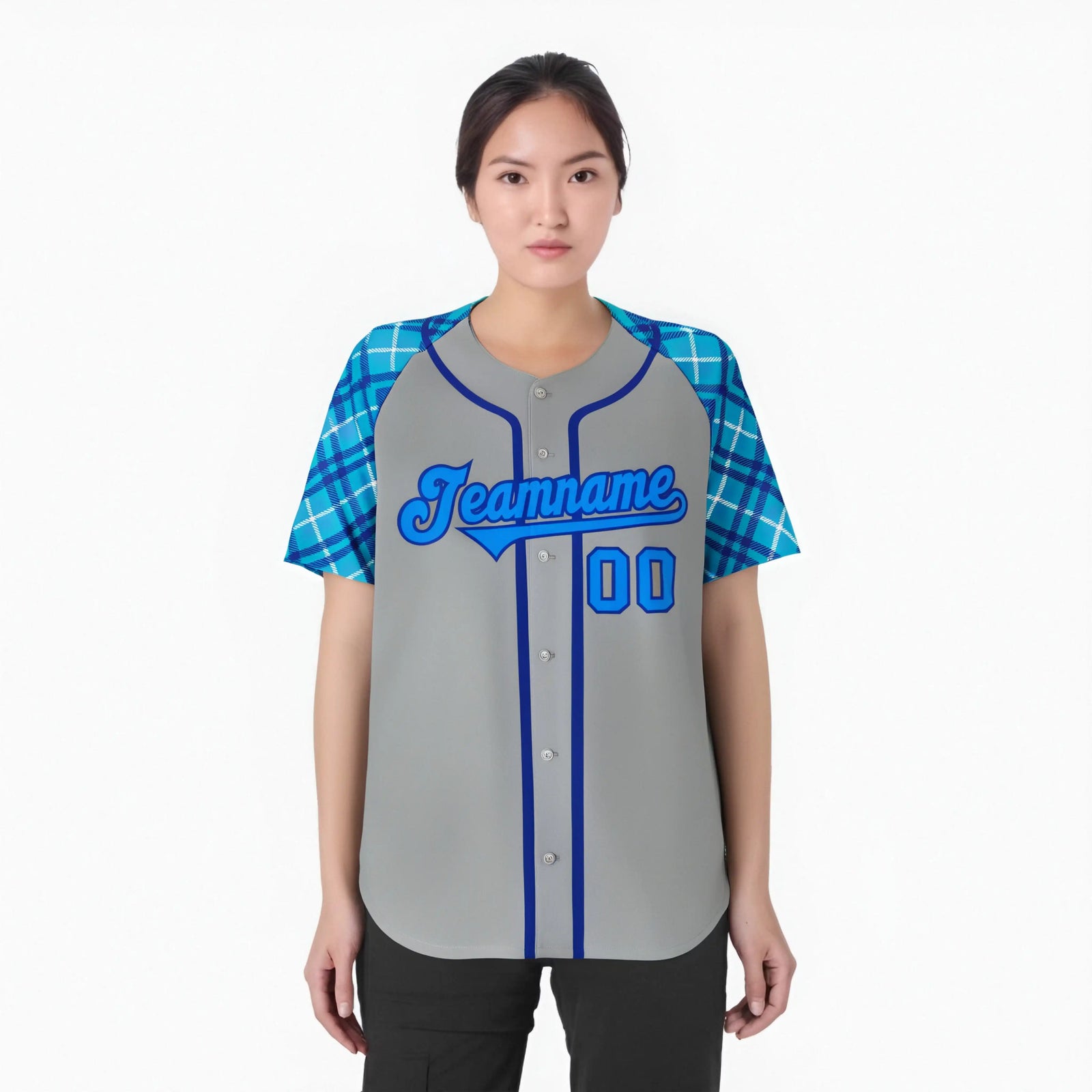 Custom Gray Blue-Purple Authentic Plaid sleeve Baseball Jersey