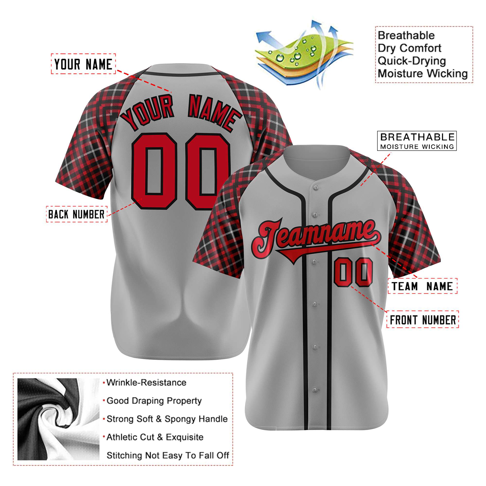 Custom Gray Fire Red Black Authentic Plaid sleeve Baseball Jersey