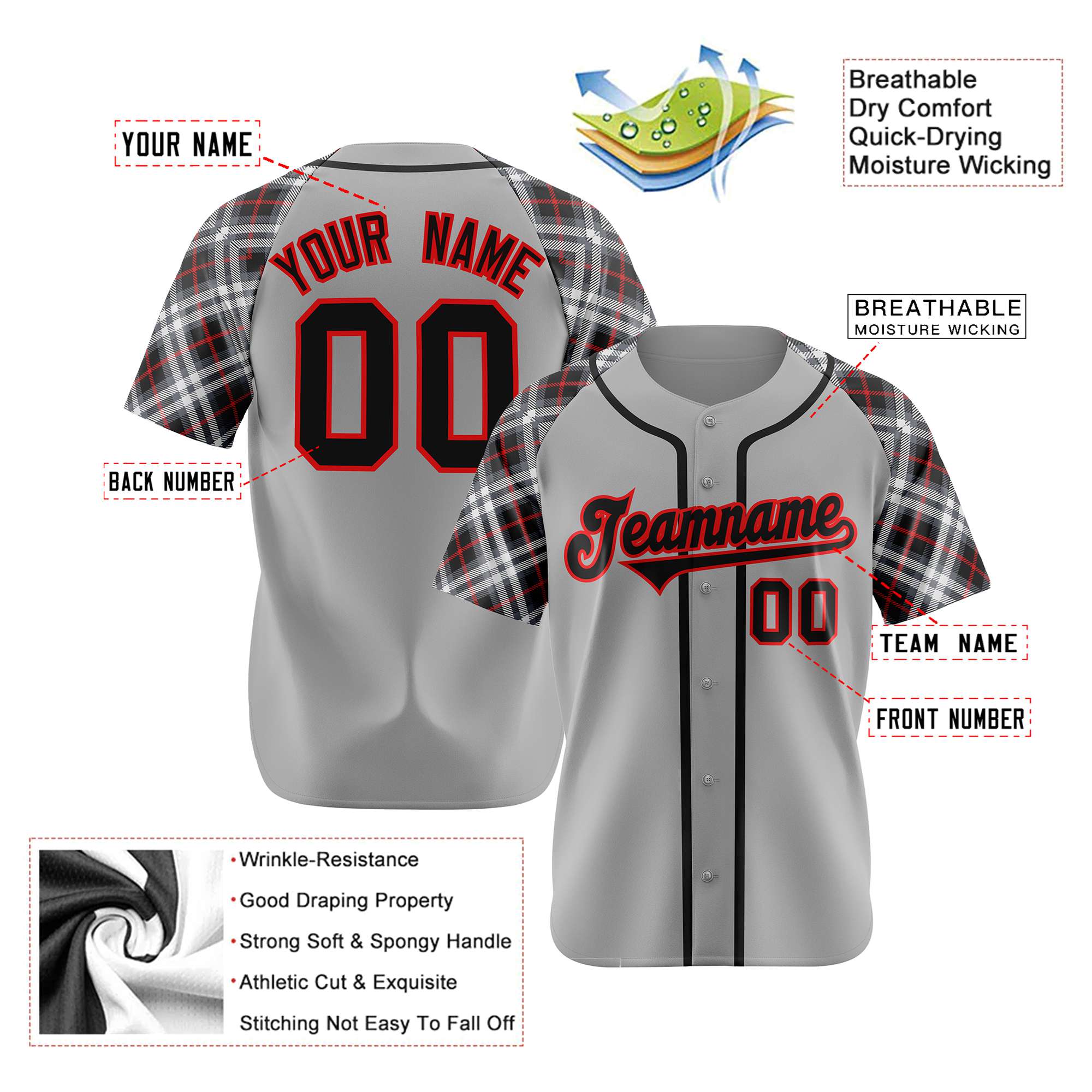 Custom Gray Black-Red Authentic Plaid sleeve Baseball Jersey